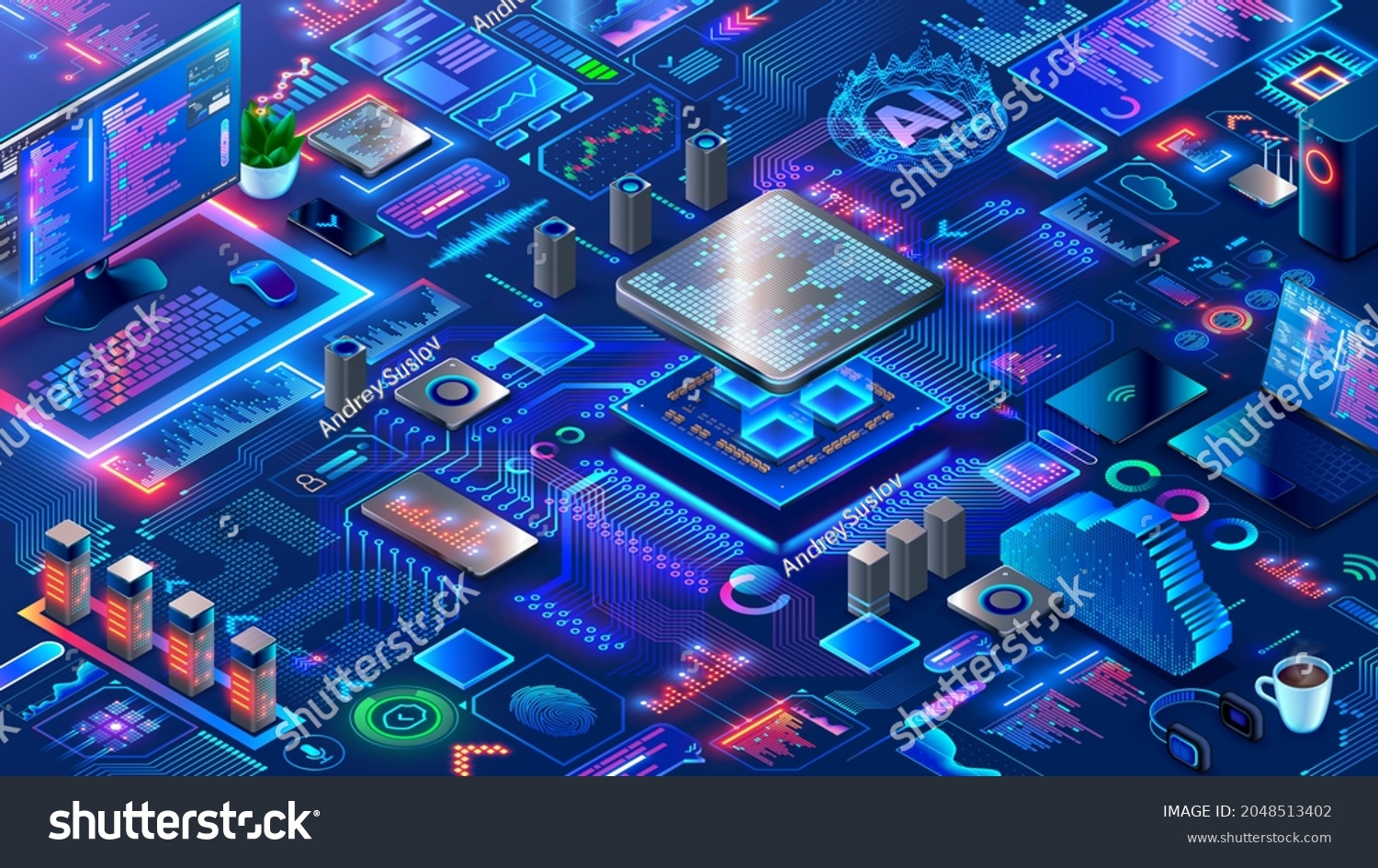 Hardware Software Computer Technology Background Isometric Stock Vector