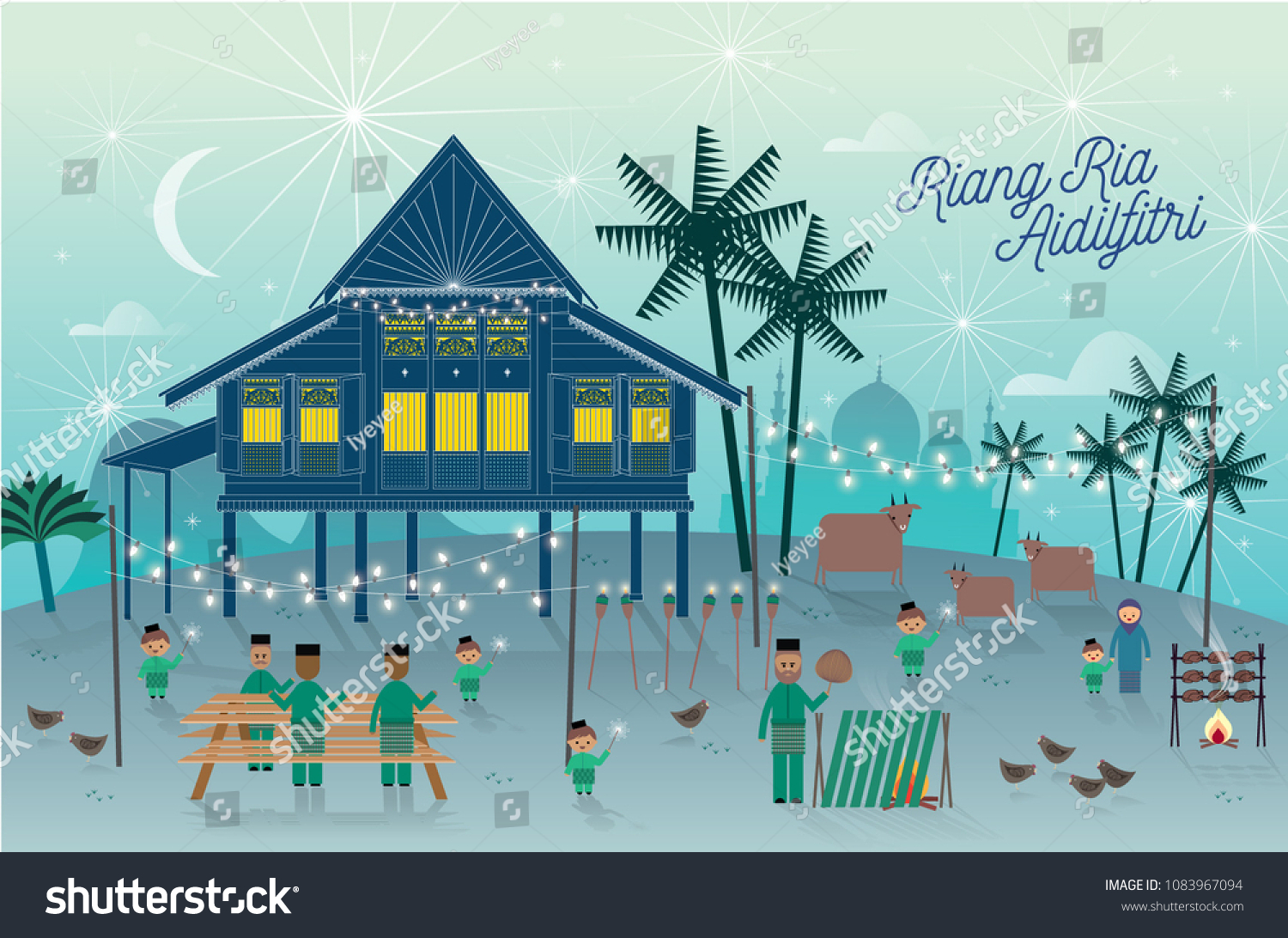 Hari Raya Kampung Scene Greetings Template 스톡 벡터(로열티 프리) 1083967094 ...