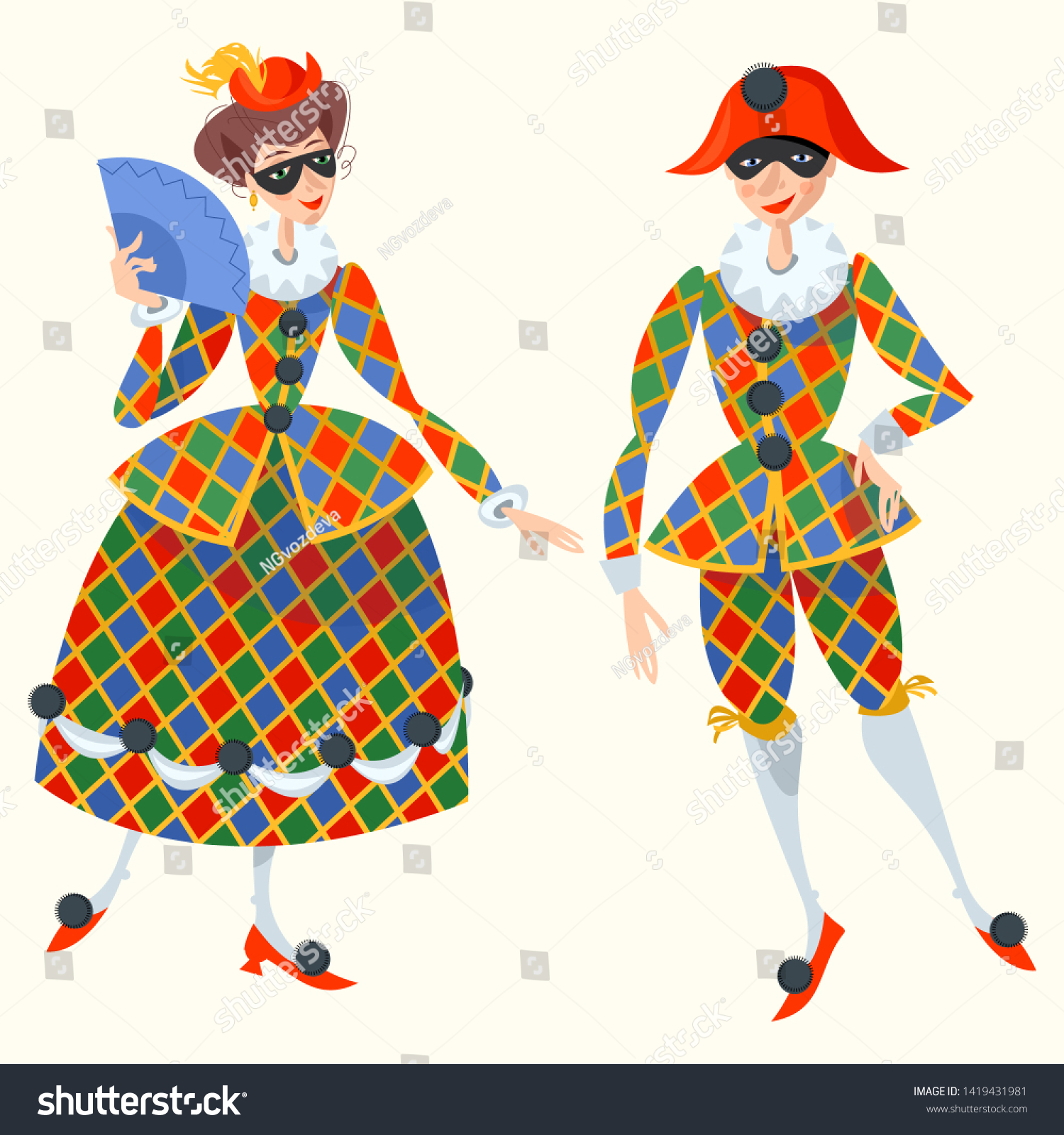 Harlequin Columbina Characters Italian Commedia Vector Stock Vector Royalty Free