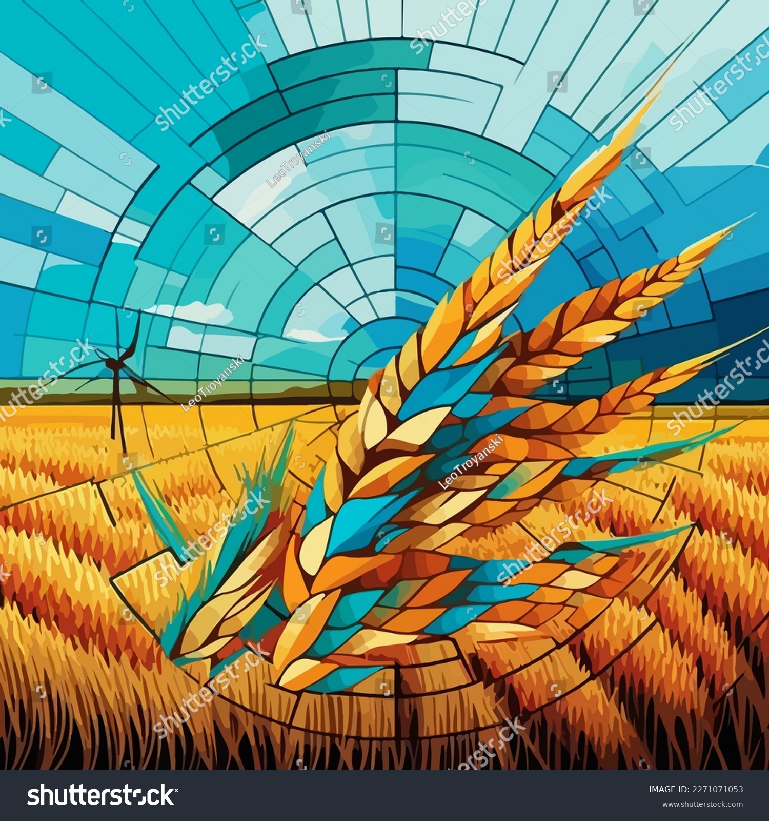 SVG of Harvest abstract composition with a big spike and a yellow wheat field against the sky. Mosaic style with circular composition. svg