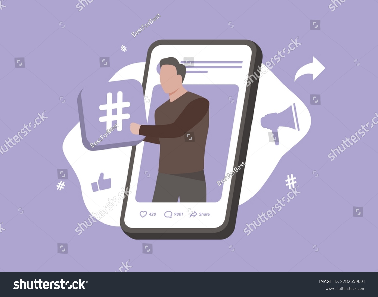 SVG of Hashtag marketing - brand partnerships with social media content creators. Sponsored influencer affiliate marketing content. Word-of-mouth influencer marketing with brand, product in social media svg