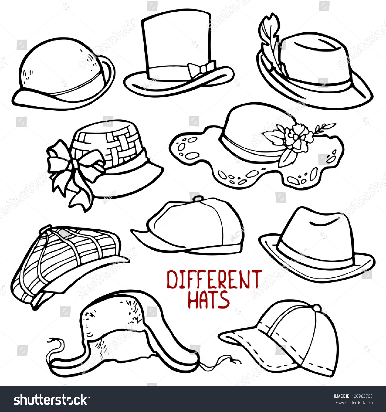 Hats Set Linear Drawings Stock Vector 420983758 - Shutterstock