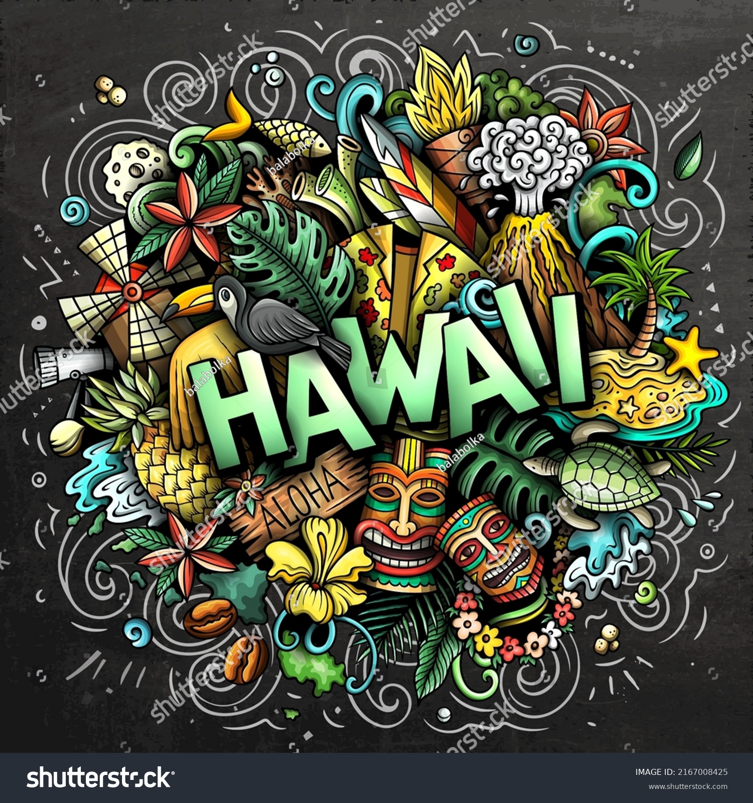 Hawaii Hand Drawn Cartoon Doodle Illustration Stock Vector Royalty