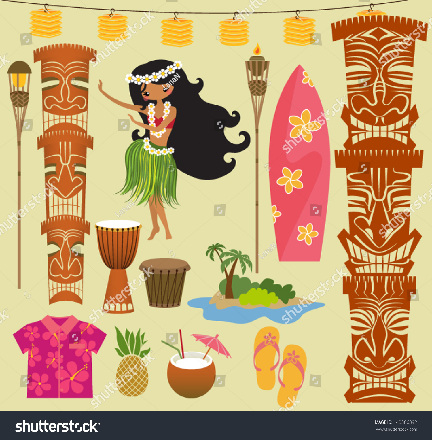 SVG of Hawaii Symbols and Icons, including Hula dancer, tiki gods, totem pole, drums, tiki torches and Hawaiian shirt svg