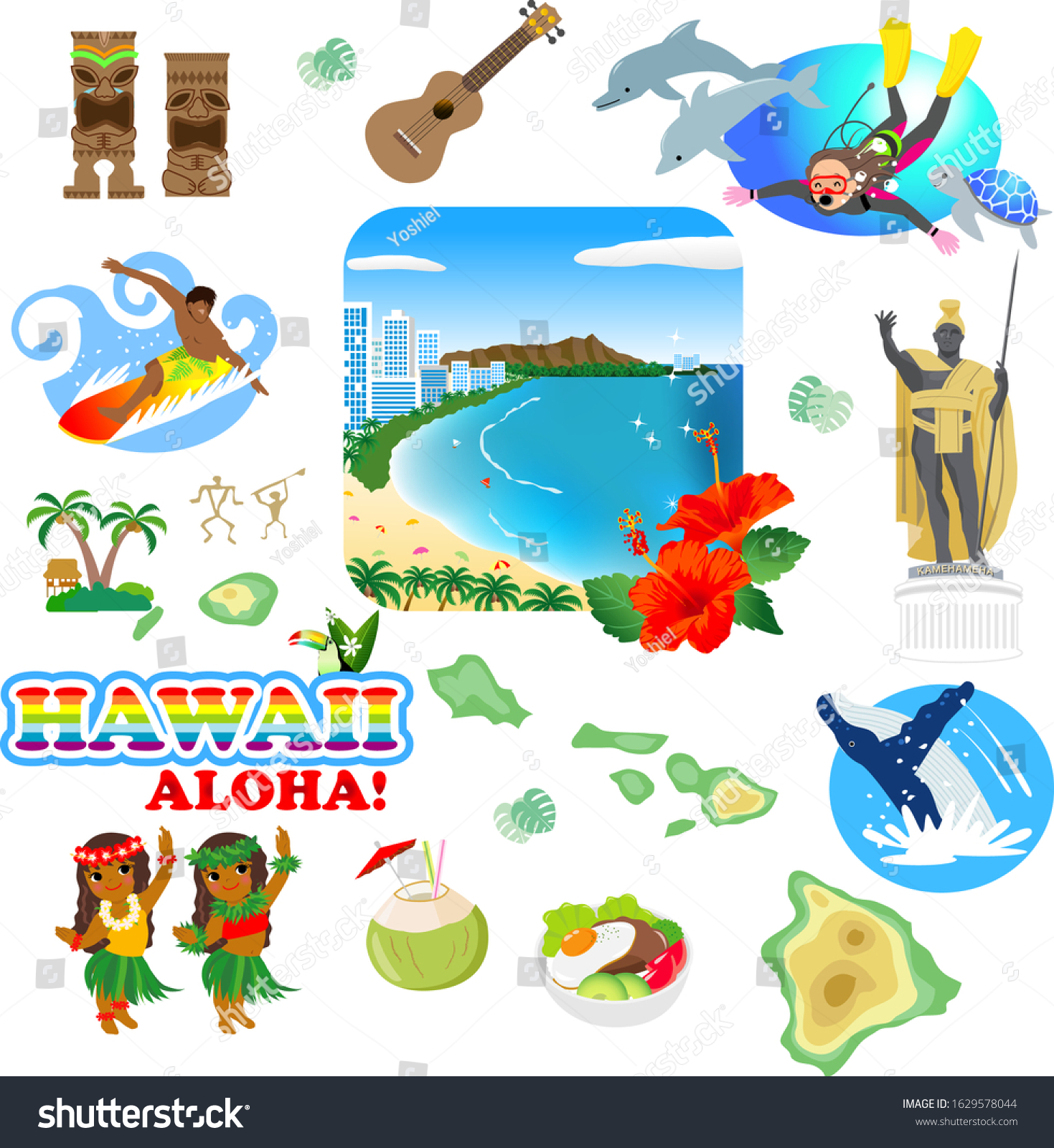 Hawaii Tourism Attractions Icons Stock Vector (Royalty Free) 1629578044