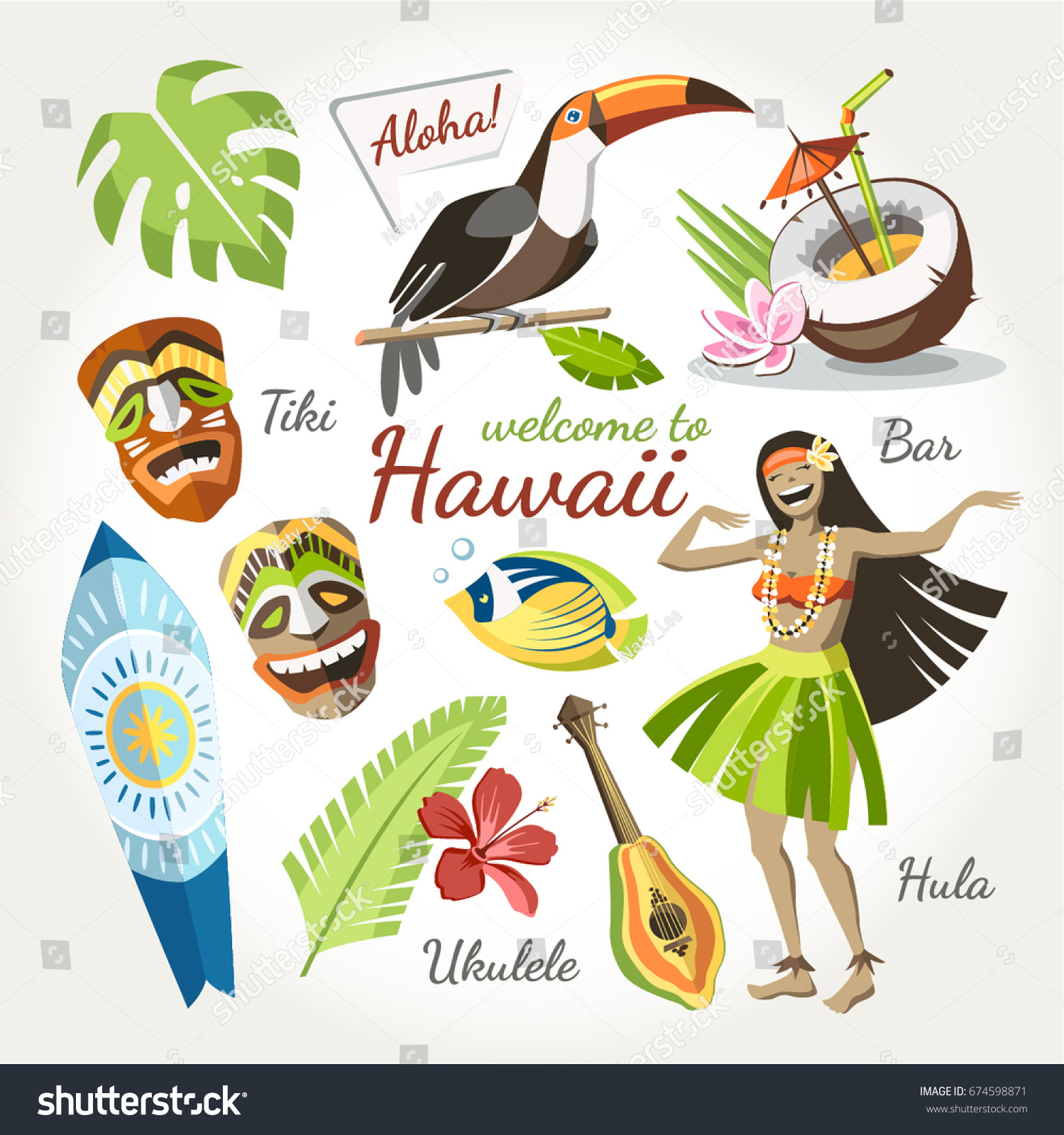 SVG of hawaii vector collection of traditional objects set with bird toucan girl dan?ing hula tiki mask ukulele surf and tropical leaves and flowers cocktail and fish svg