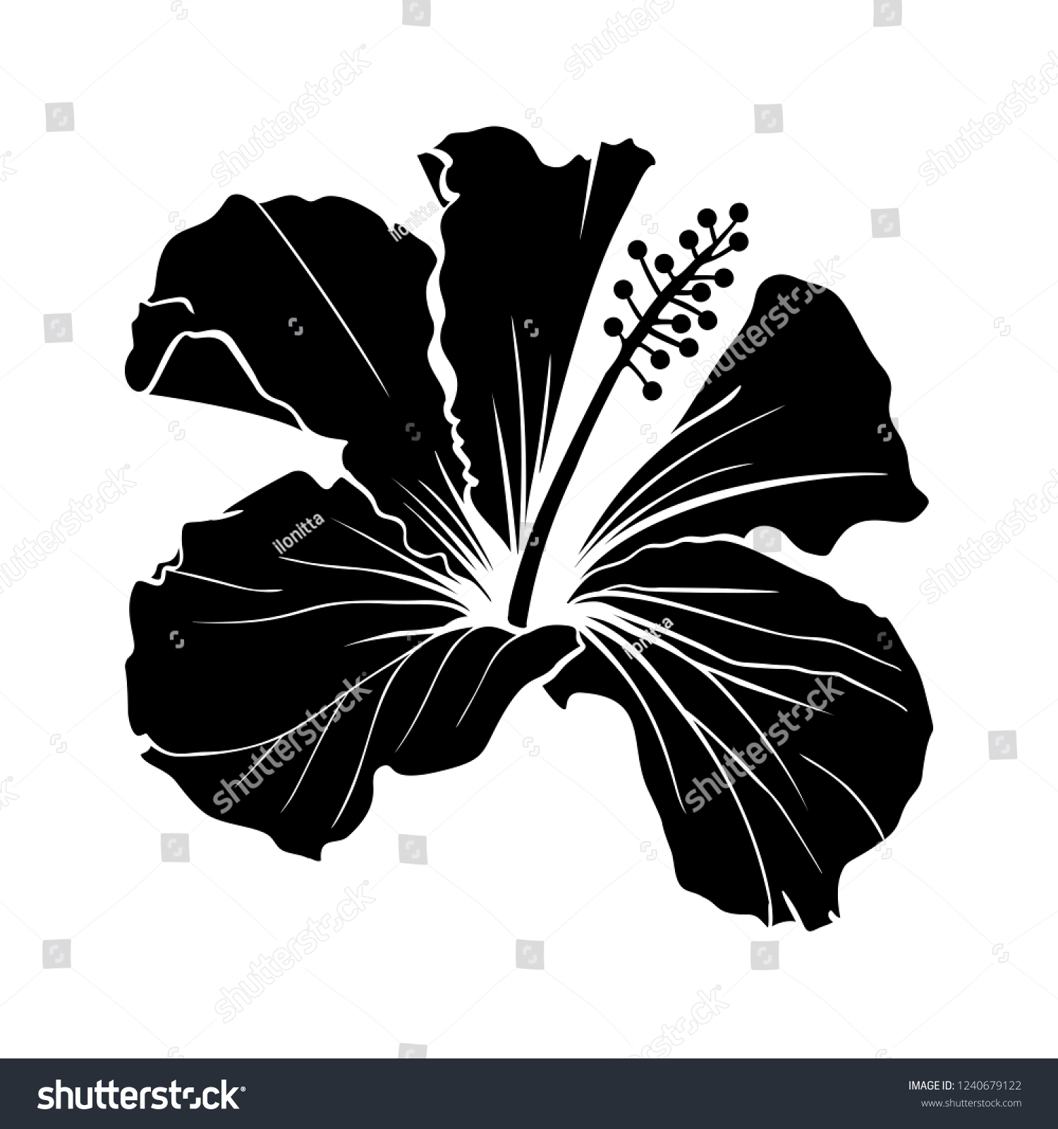 SVG of Hawaiian Hibiscus Laser Cut Vector Silhouette. Fragrance Flower. Mallow Chenese Rose. Black and White Flora. Isolated Botany Plant with Petals. Tropical Karkade or Bissap Herbal Tea, Crimson Blossom svg