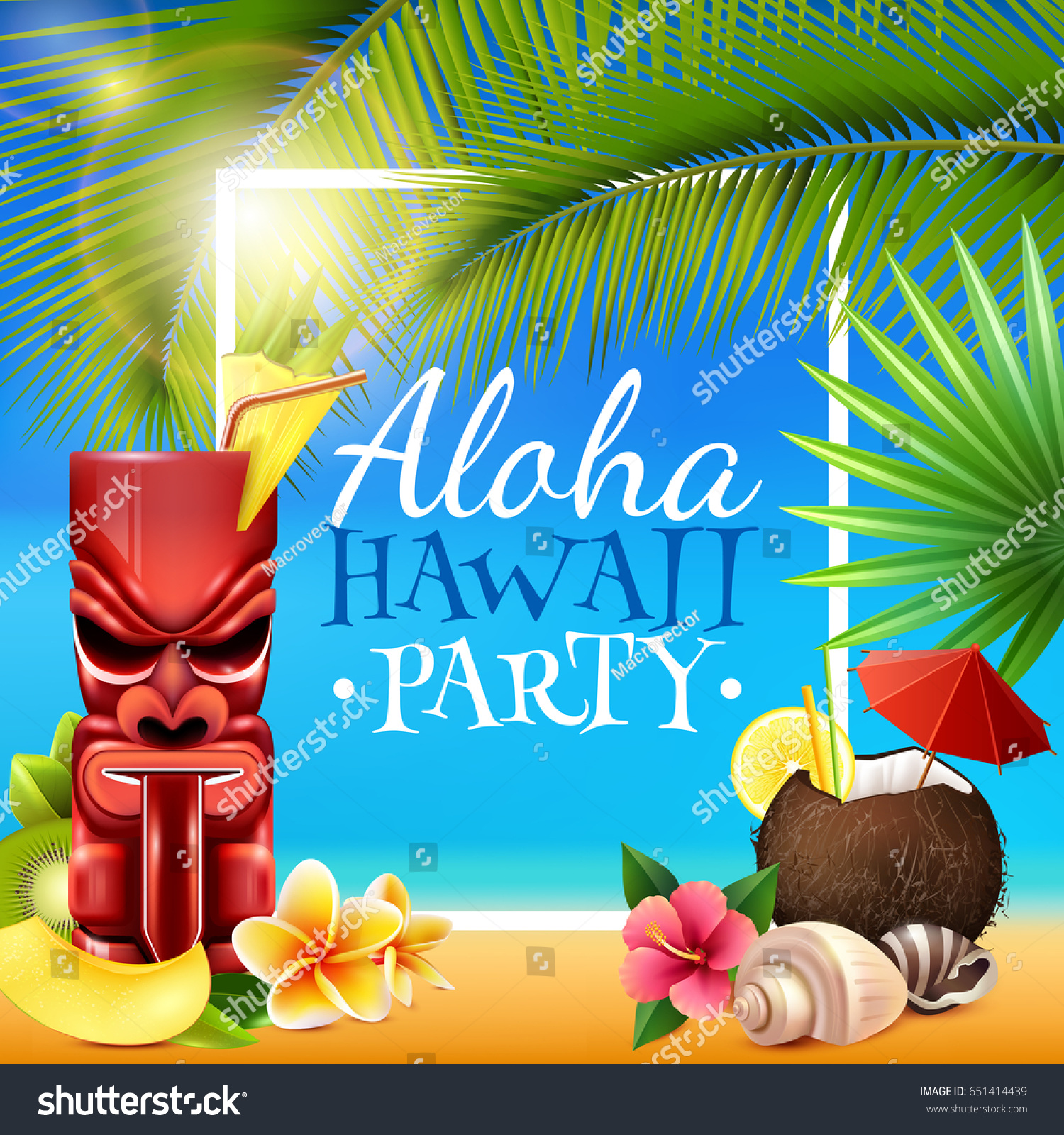 SVG of Hawaiian party frame with tiki mug, coconut cocktail, shells, flowers, palm branches on blue background vector illustration svg