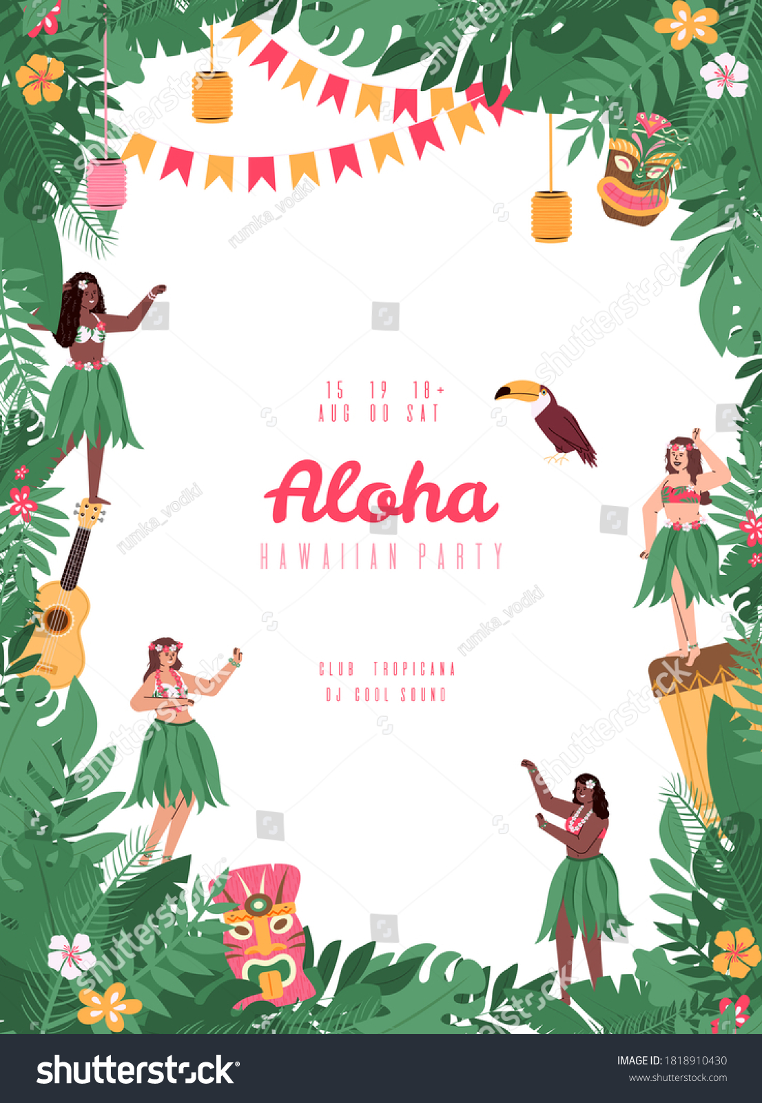 SVG of Hawaiian party poster or banner design with girls hula dancers and tropical toucan bird, flat cartoon vector illustration. Summer party in hawaiian style invitation. svg