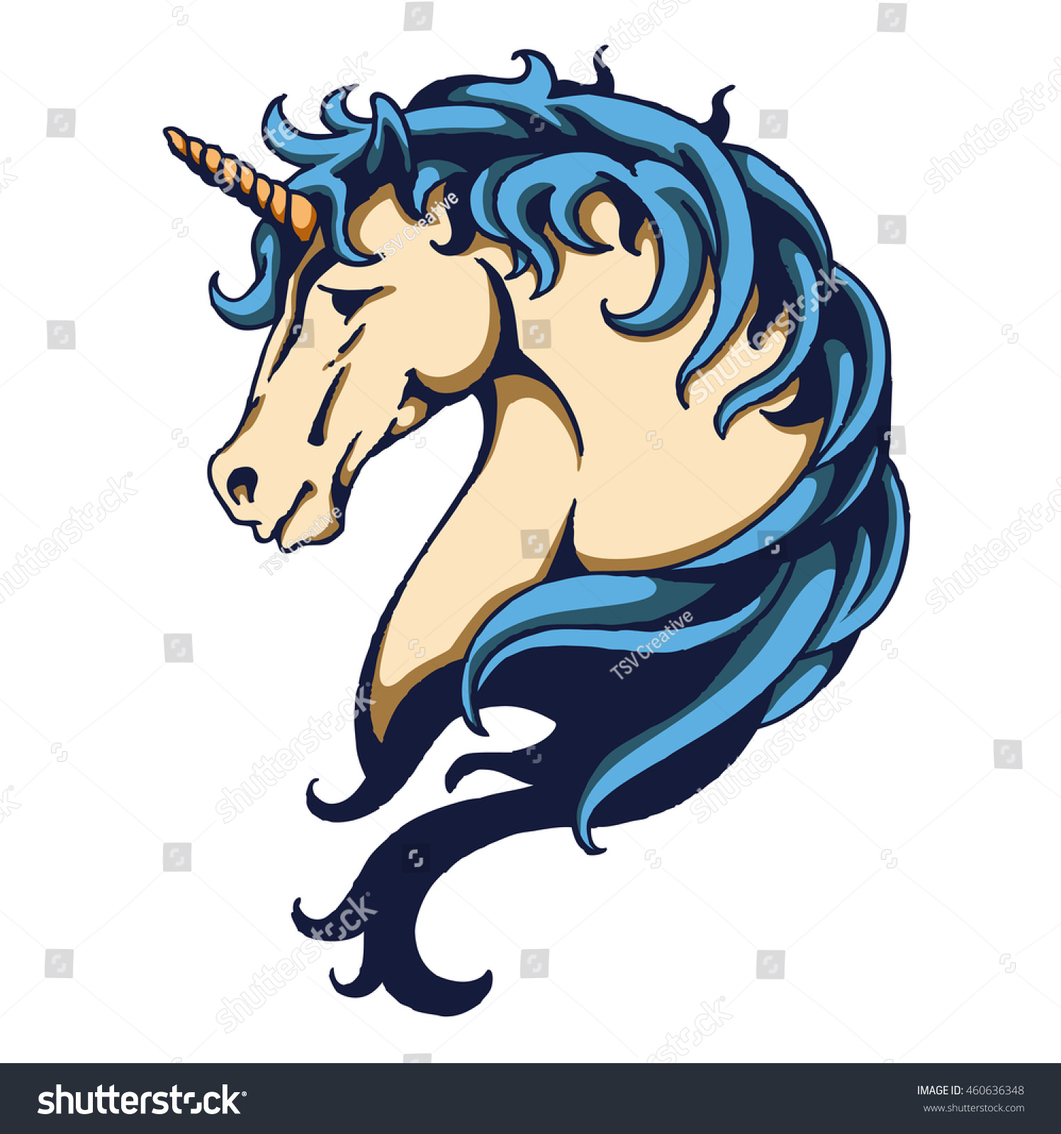 SVG of head of blue hair unicorn with vector tattoo style drawing svg