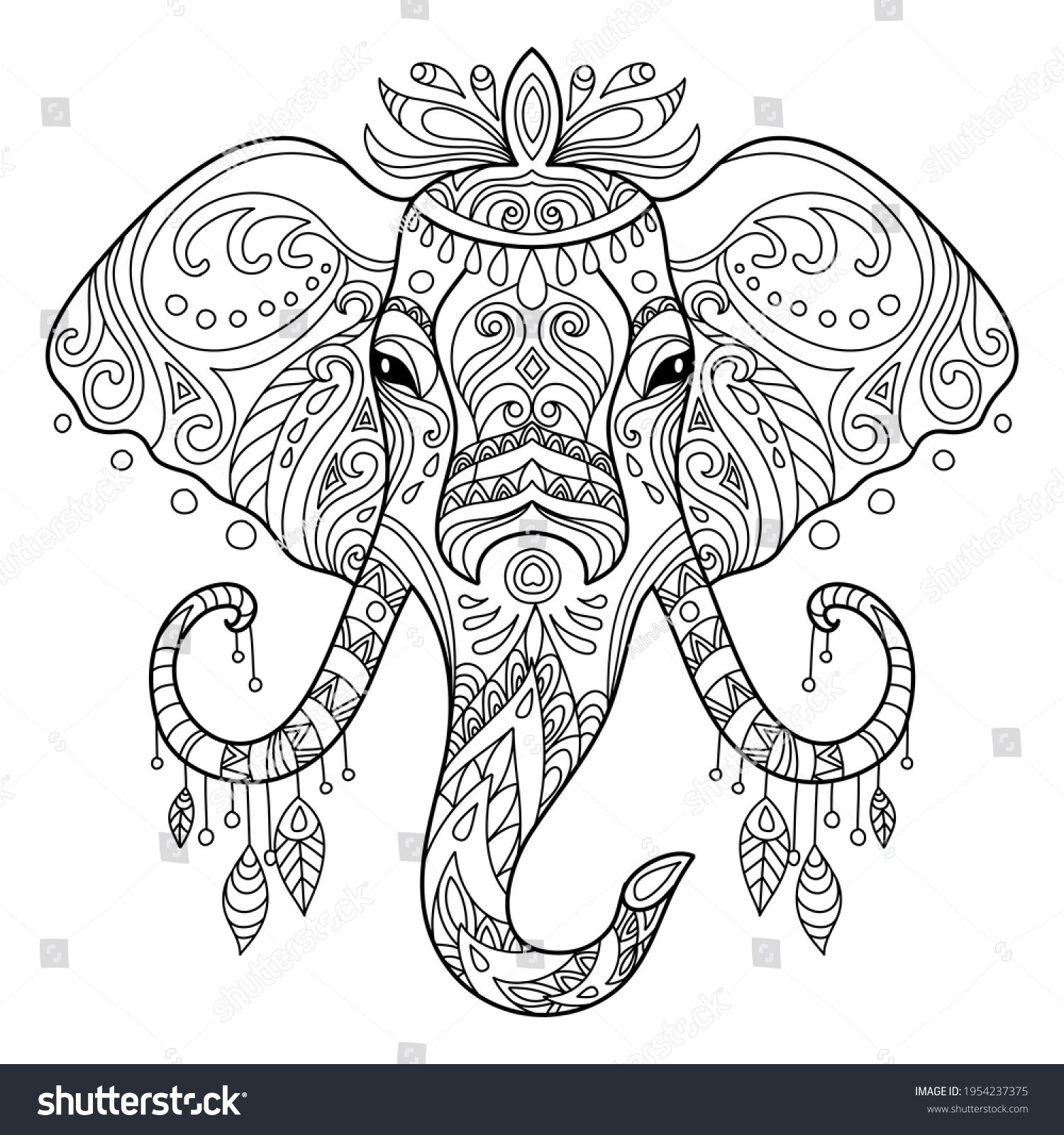 SVG of Head of elephant . Abstract vector contour illustration isolated on white background. For adult anti stress coloring book page with doodle and zentangle elements, design, print, decor, tattoo, t-shirt svg