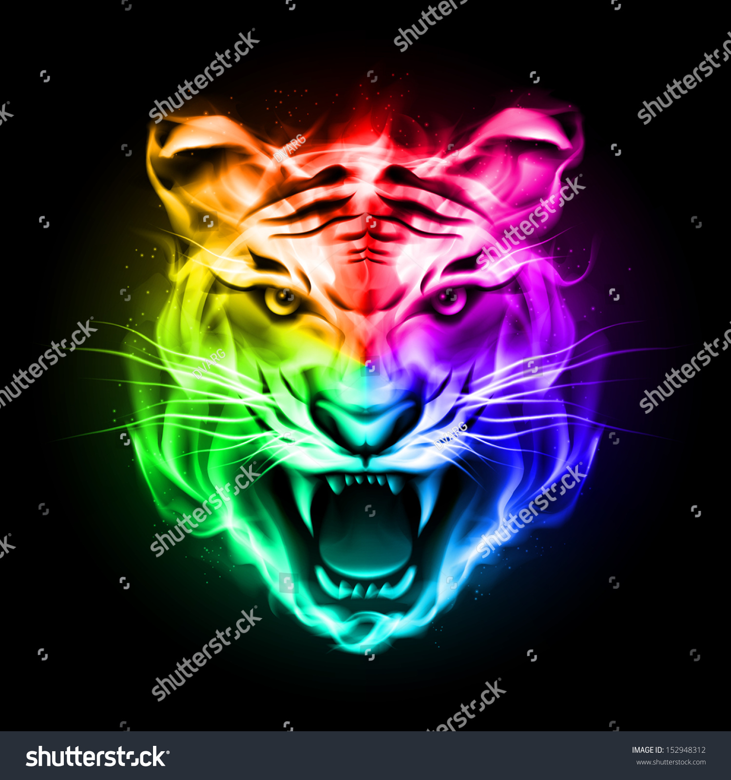Head Of Tiger Blazing In Spectrum Fire On Black Background. Stock ...
