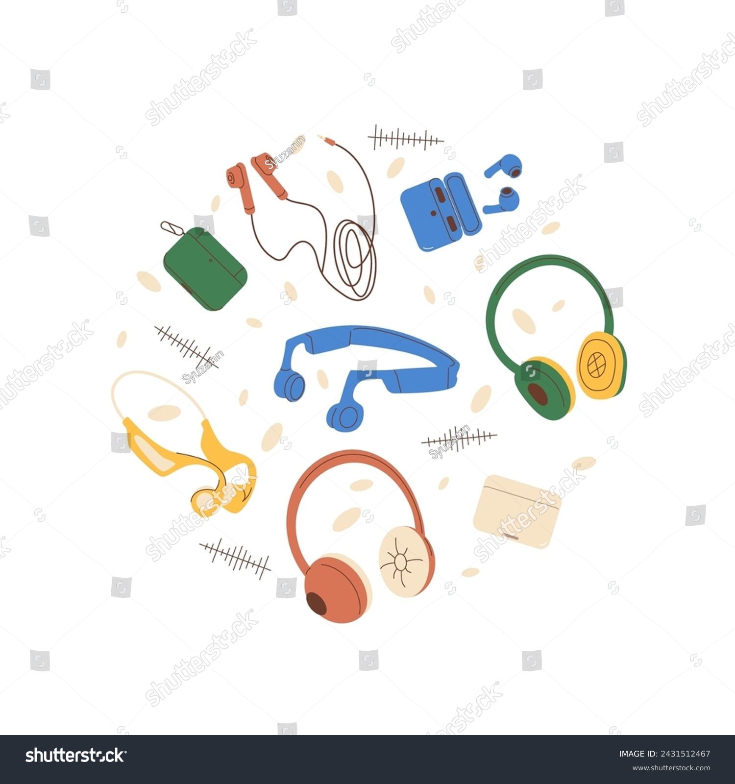 SVG of Headphones set circle emblem isolated on white background. Wired, wireless and bone conduction audio equipment for music listening round emblem. Vector flat illustration. svg