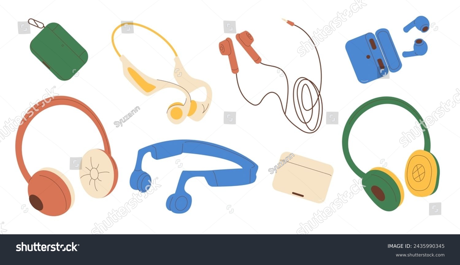 SVG of Headphones set isolated on white background. Wired, wireless and bone conduction audio equipment for music listening. Earbuds devices accessory in case. Vector flat illustration. svg
