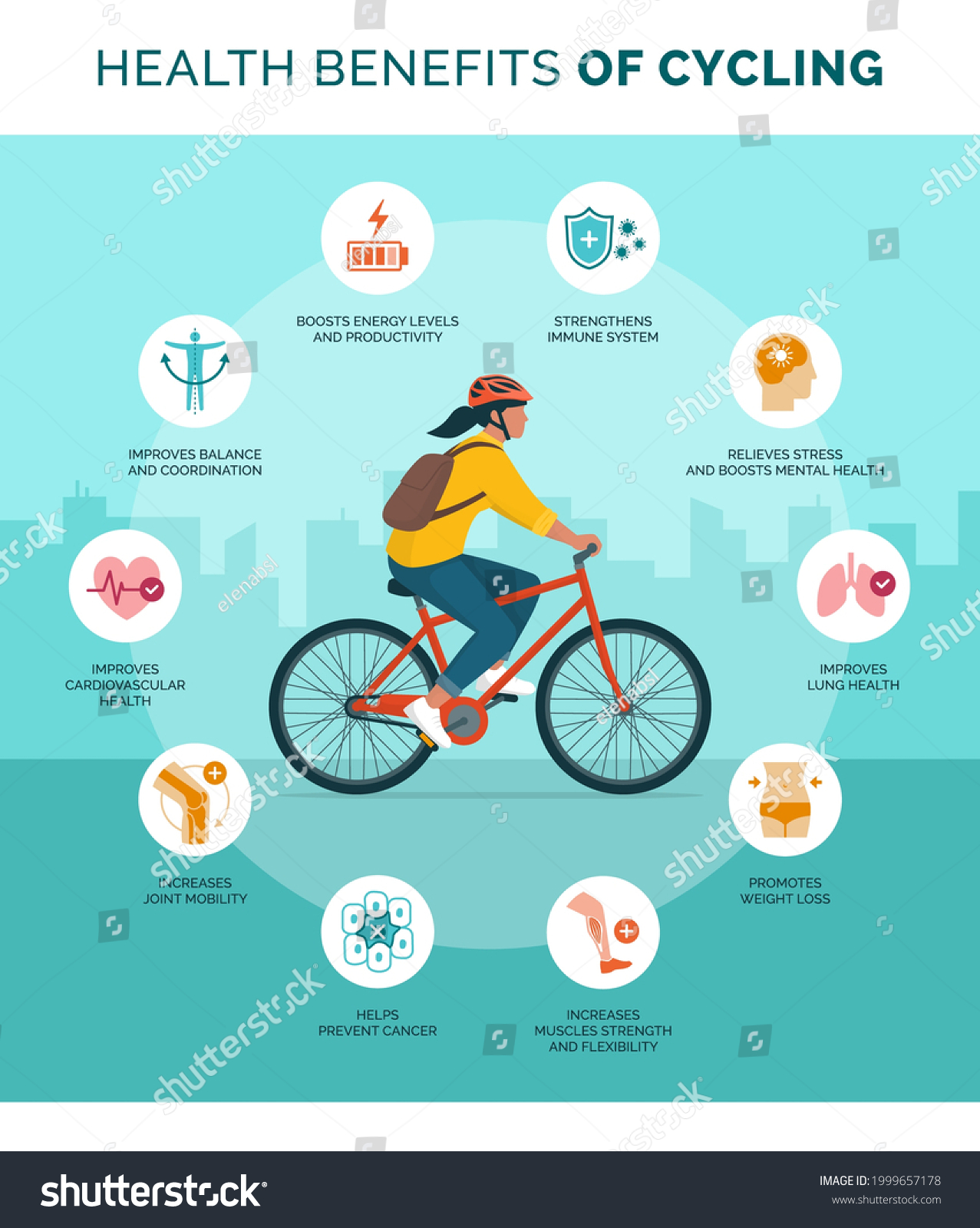 SVG of Health benefits of cycling infographic with woman riding a bicycle in the city street svg