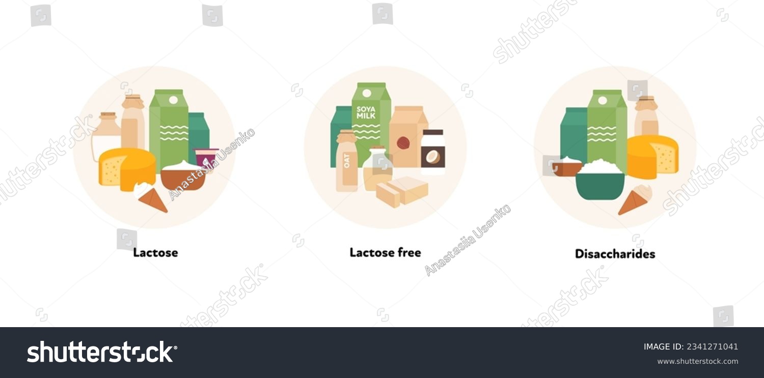 SVG of Healthcare dieting infographic collection. Vector flat food illustration. Low Fodmap diet. Foodplate of lactose, lactose free and disaccharide ingredients. Design for health care and healthy eating svg
