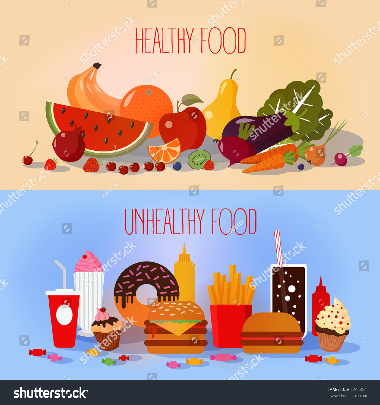 Healthy Unhealthy Fast Food Fruits Vegetables Stock Vector Royalty Free 361745354