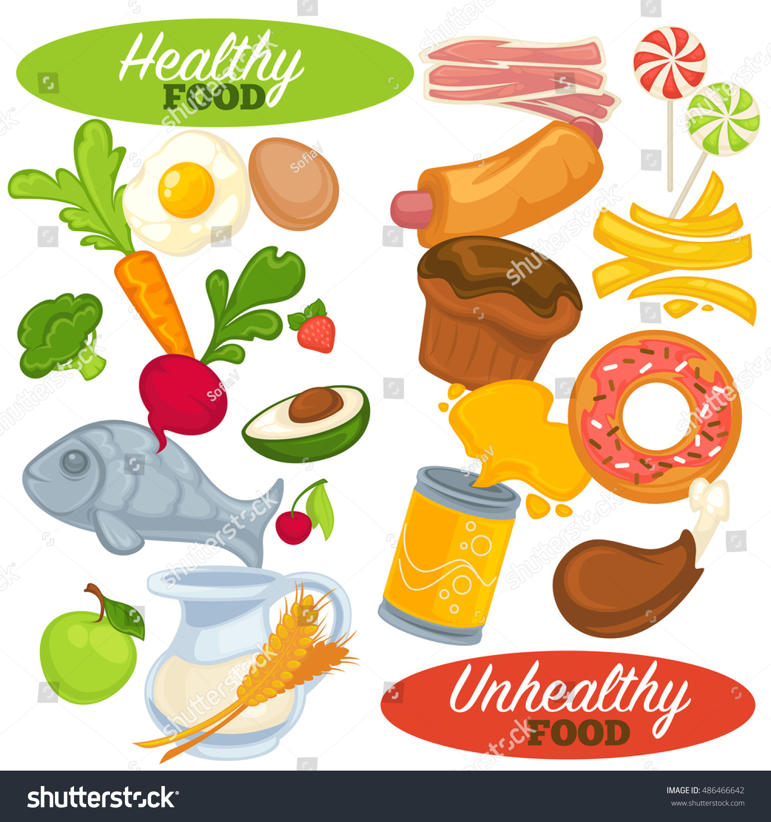 Healthy Unhealthy Food Set Icons Fast Stock Vector 486466642 - Shutterstock