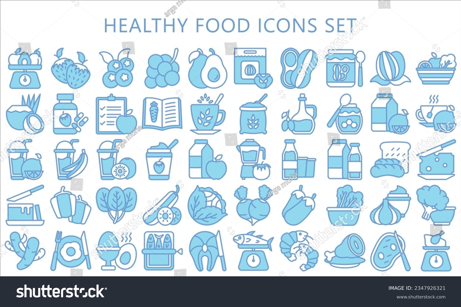 SVG of Healthy food blue color icons pack, contain fruit, vegetable, food, meal, salmon, meat, milk and more. use for modern concept, UI or UX kit, web and app. vector EPS 10 ready convert to SVG. svg