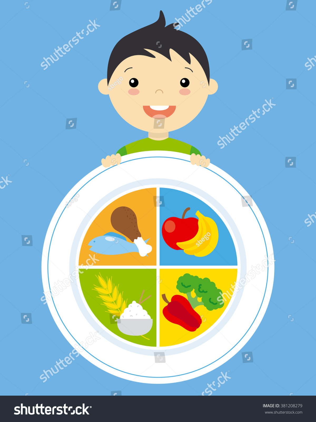 Healthy Food. Child With A Plate Of Food Stock Vector Illustration