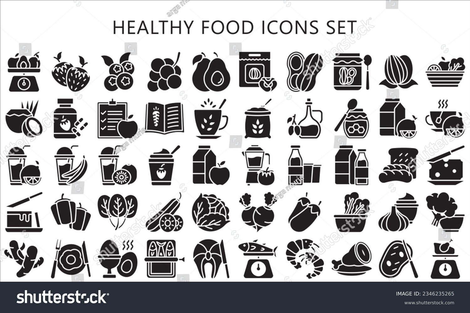 SVG of Healthy food glyph icons pack, contain fruit, vegetable, food, meal, salmon, meat, milk and more. use for modern concept, UI or UX kit, web and app. vector EPS 10 ready convert to SVG. svg