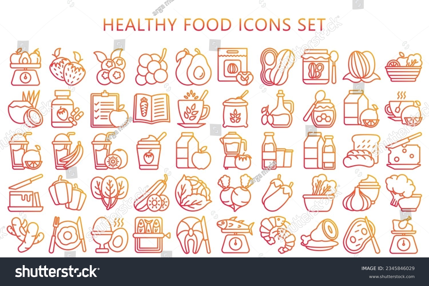 SVG of Healthy food gradient outline icons pack. contain fruit, vegetable, food, meal, salmon, meat, milk and more. use for modern concept, UI or UX kit, web and app. vector EPS 10 ready convert to SVG. svg