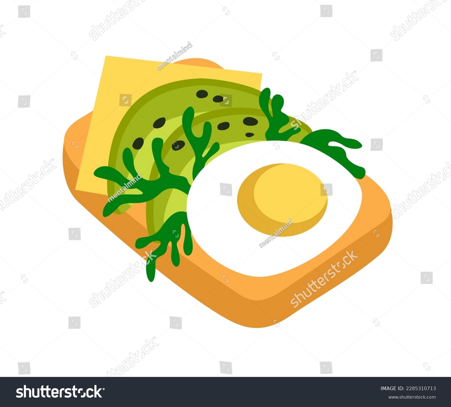 SVG of Healthy food icon. Sticker of scrambled egg, avocado and cheese sandwich on hot bread toast. Delicious breakfast. Healthy lifestyle, diet. Cartoon flat vector illustration isolated on white background svg