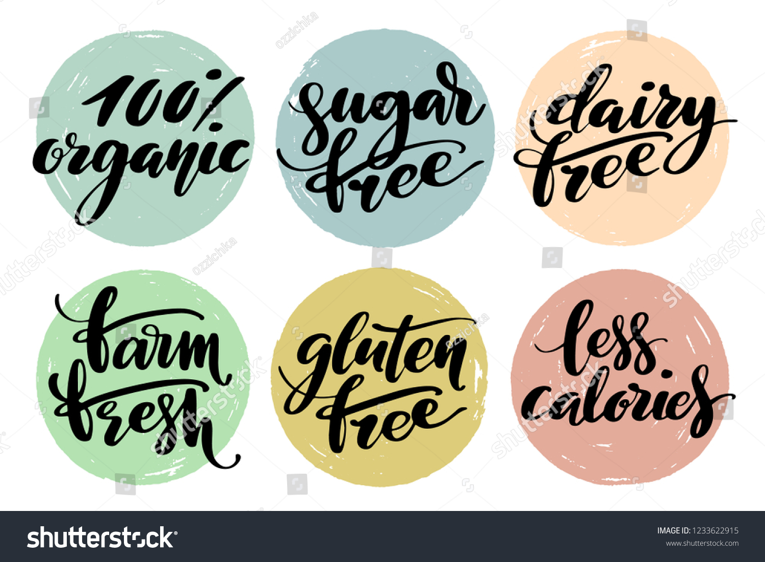 SVG of Healthy food label set. Product labels or stickers. Free from gluten, dairy and sugar food label set. 100 percent organic, farm fresh, less calories words by brush on circle backgrounds. svg