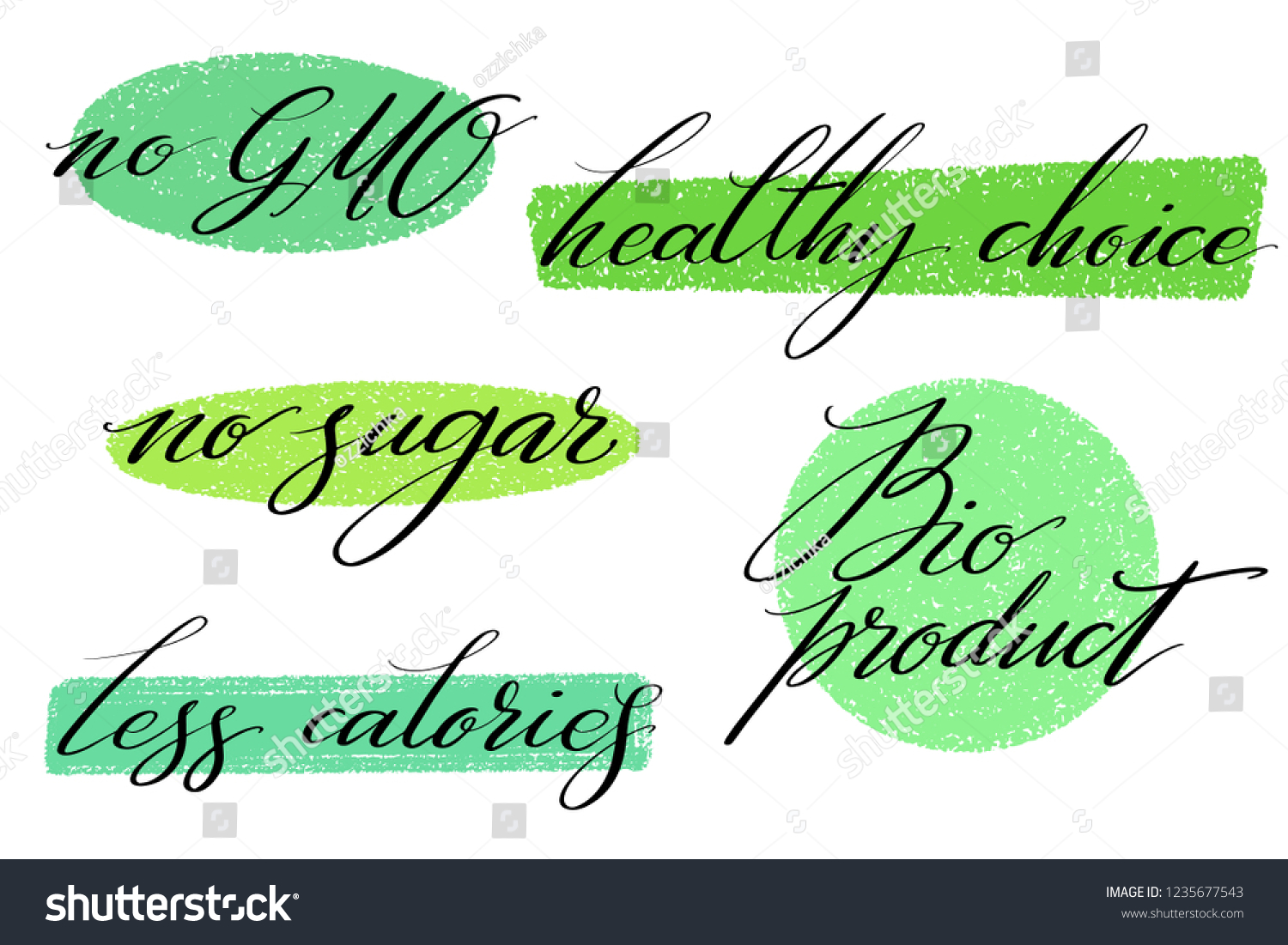 SVG of Healthy food label set. Product labels or stickers. No GMO, healthy choice, no sugar, less calories and bio product tags. Hand written words by brush on green backgrounds. svg