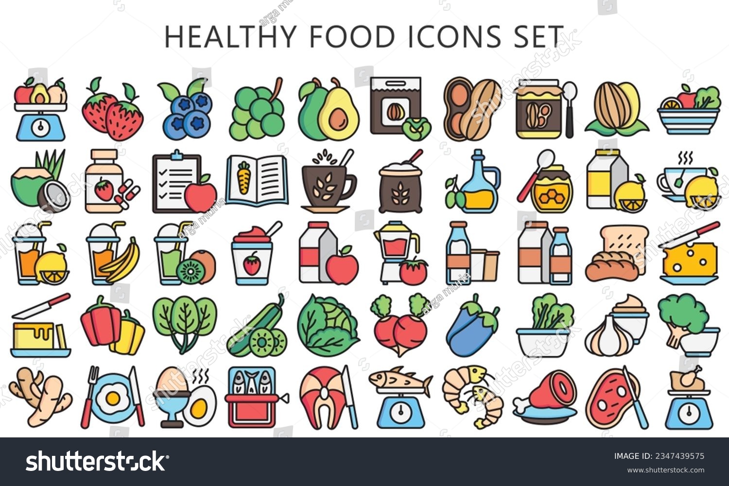 SVG of Healthy food lineal multi color icons pack, contain fruit, vegetable, food, meal, salmon, meat, milk and more. use for modern concept, UI or UX kit, web and app. vector EPS 10 ready convert to SVG. svg