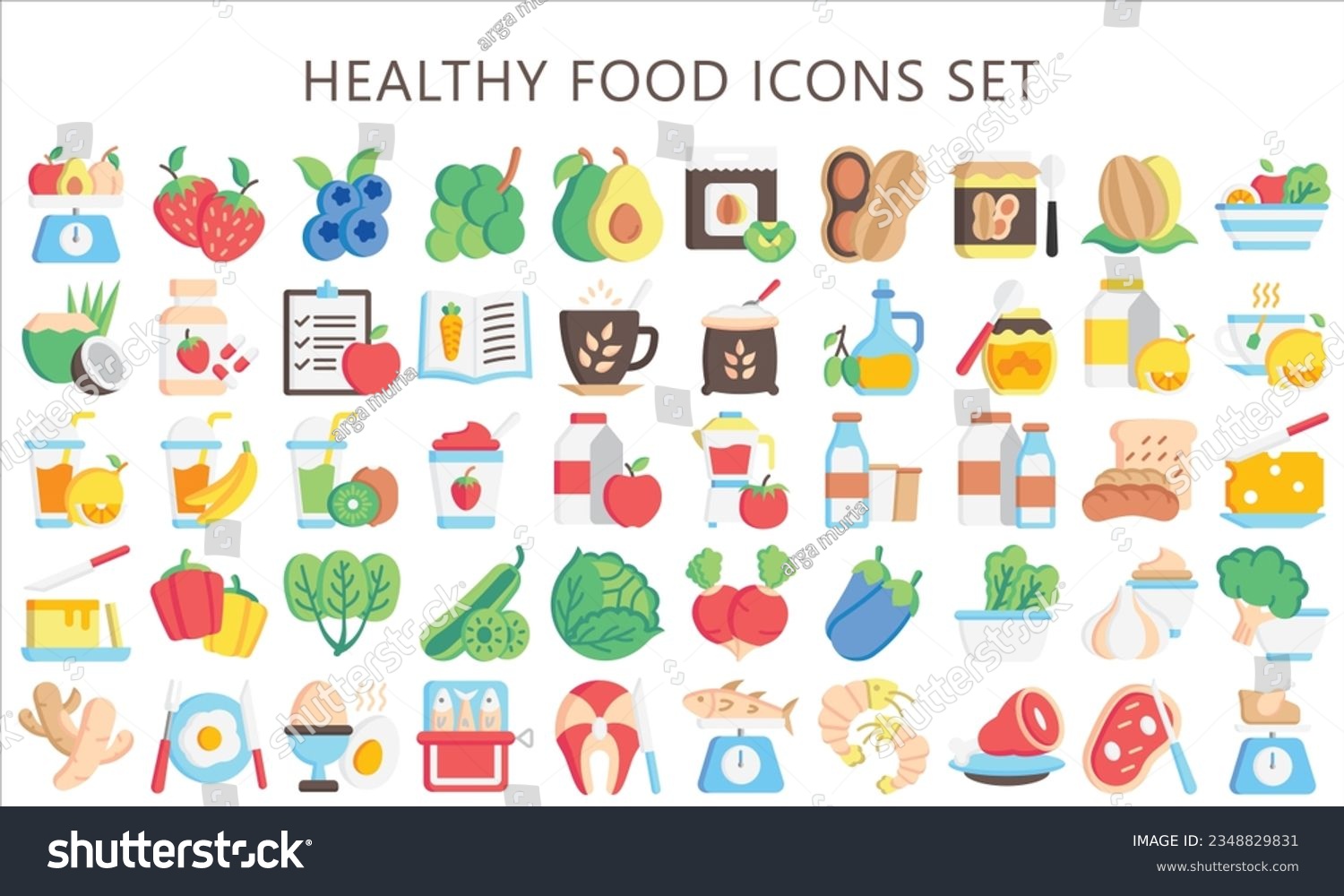 SVG of Healthy food multi color icons pack. contain fruit, vegetable, food, meal, salmon, meat, milk and more. use for modern concept, UI or UX kit, web and app. vector EPS 10 ready convert to SVG. svg