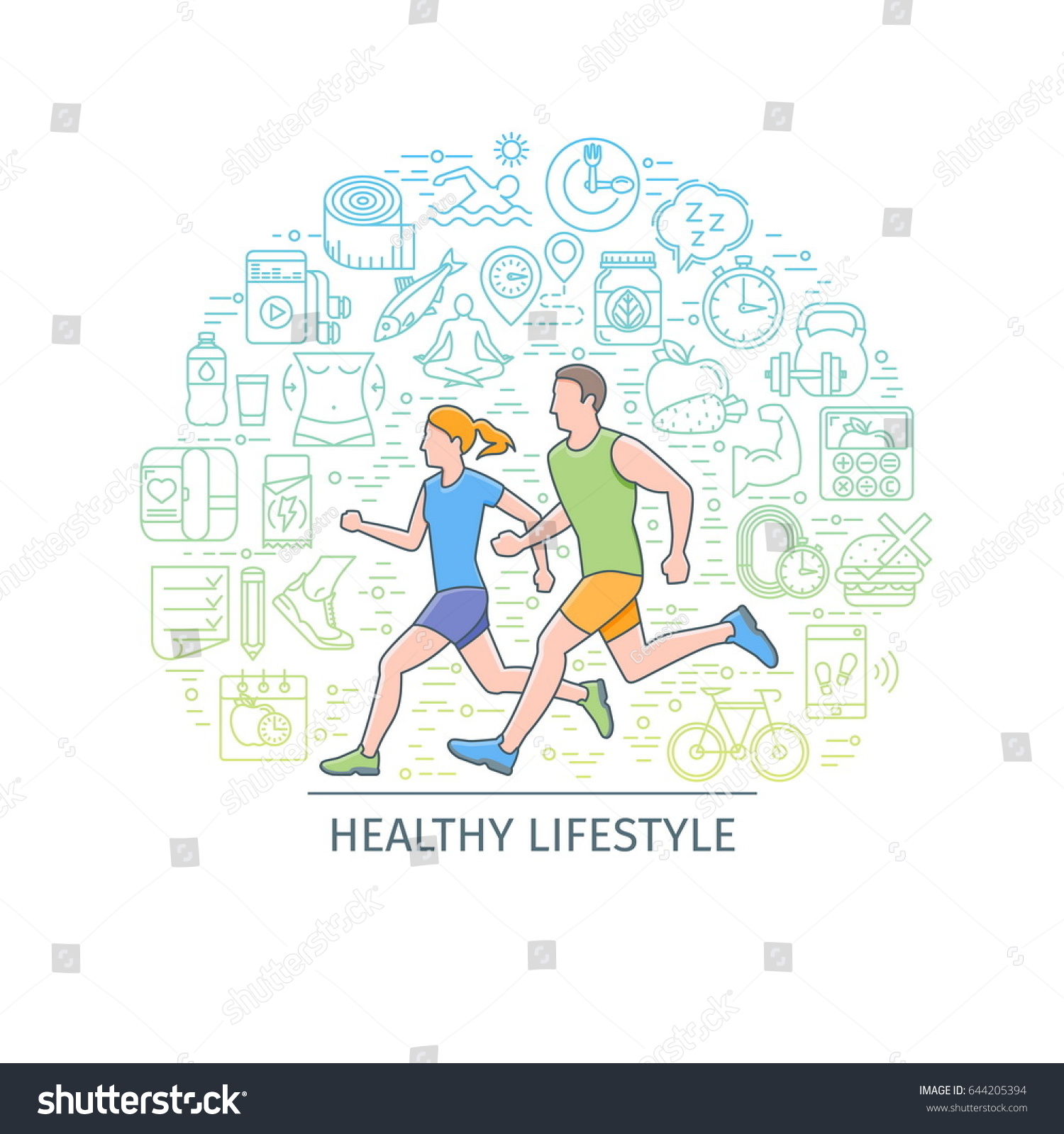 Healthy Lifestyle Banner Design Template With Flat Line Icons On Theme