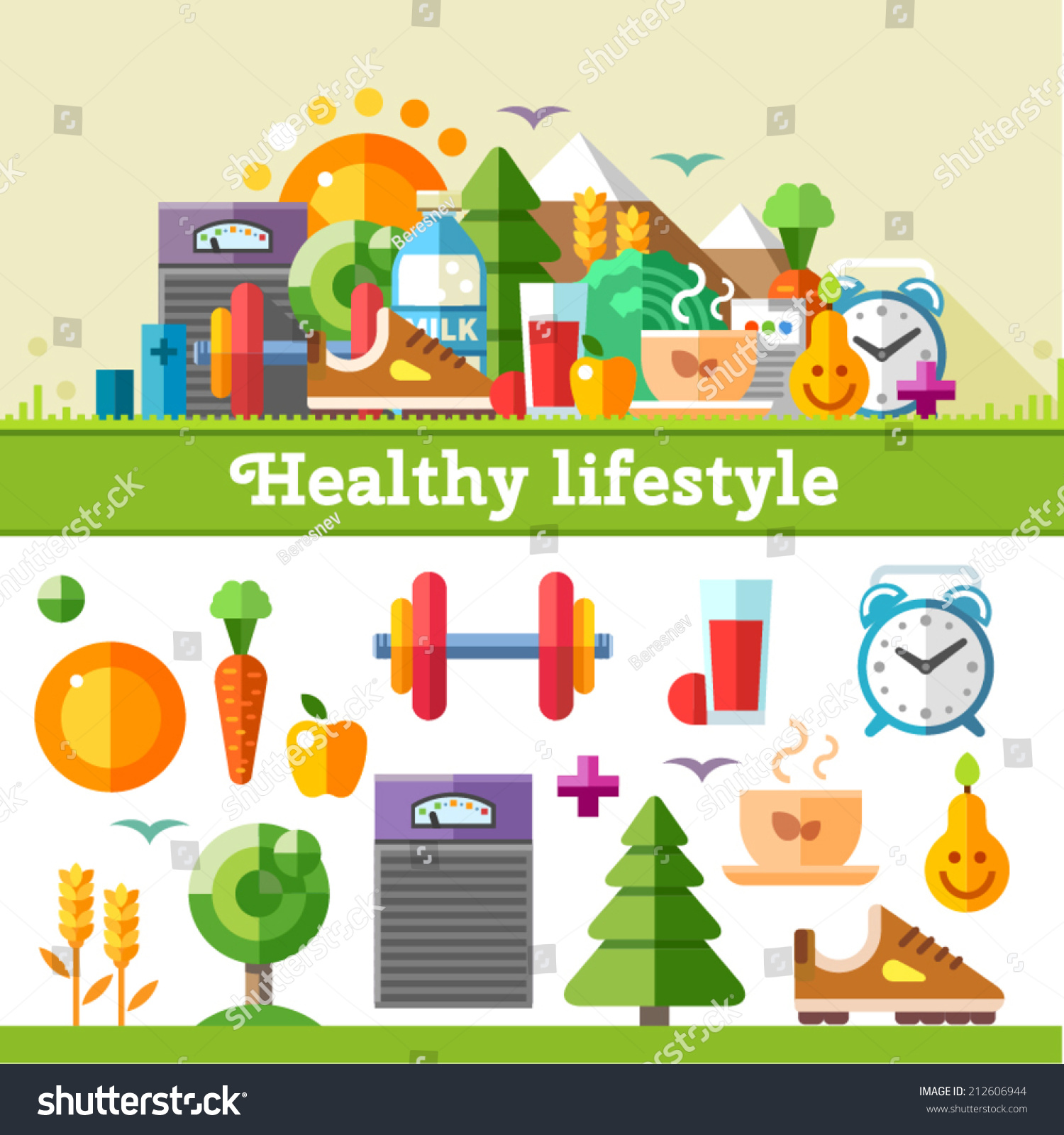 Healthy lifestyle. Vector flat icon set, illustration: sport, running 