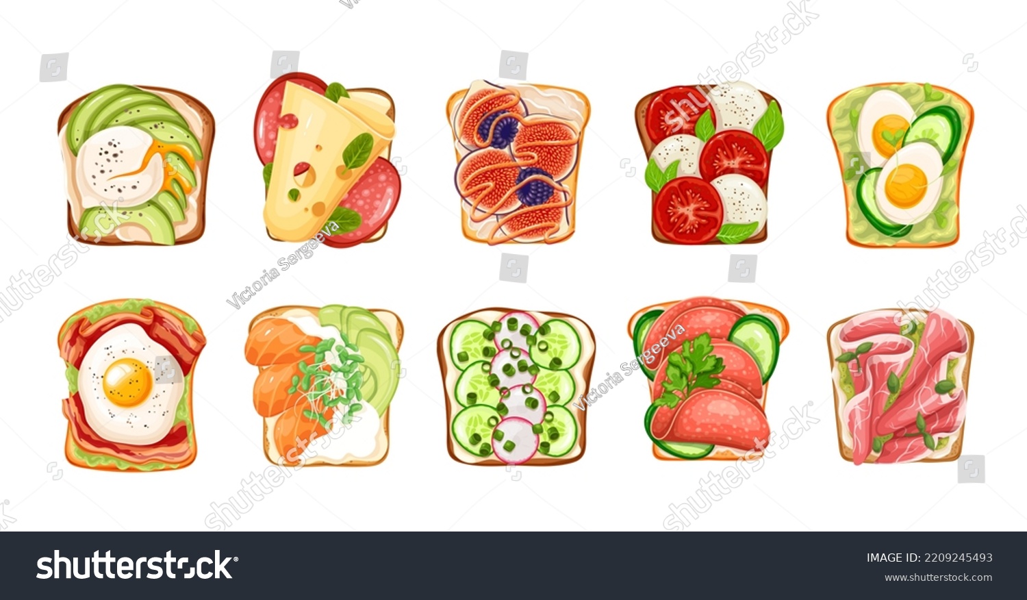SVG of Healthy toasts set vector illustration. Cartoon isolated slices of toasted cereal bread with cheese and eggs, top view of sandwiches with ham and prosciutto, salmon and vegetables for breakfast svg