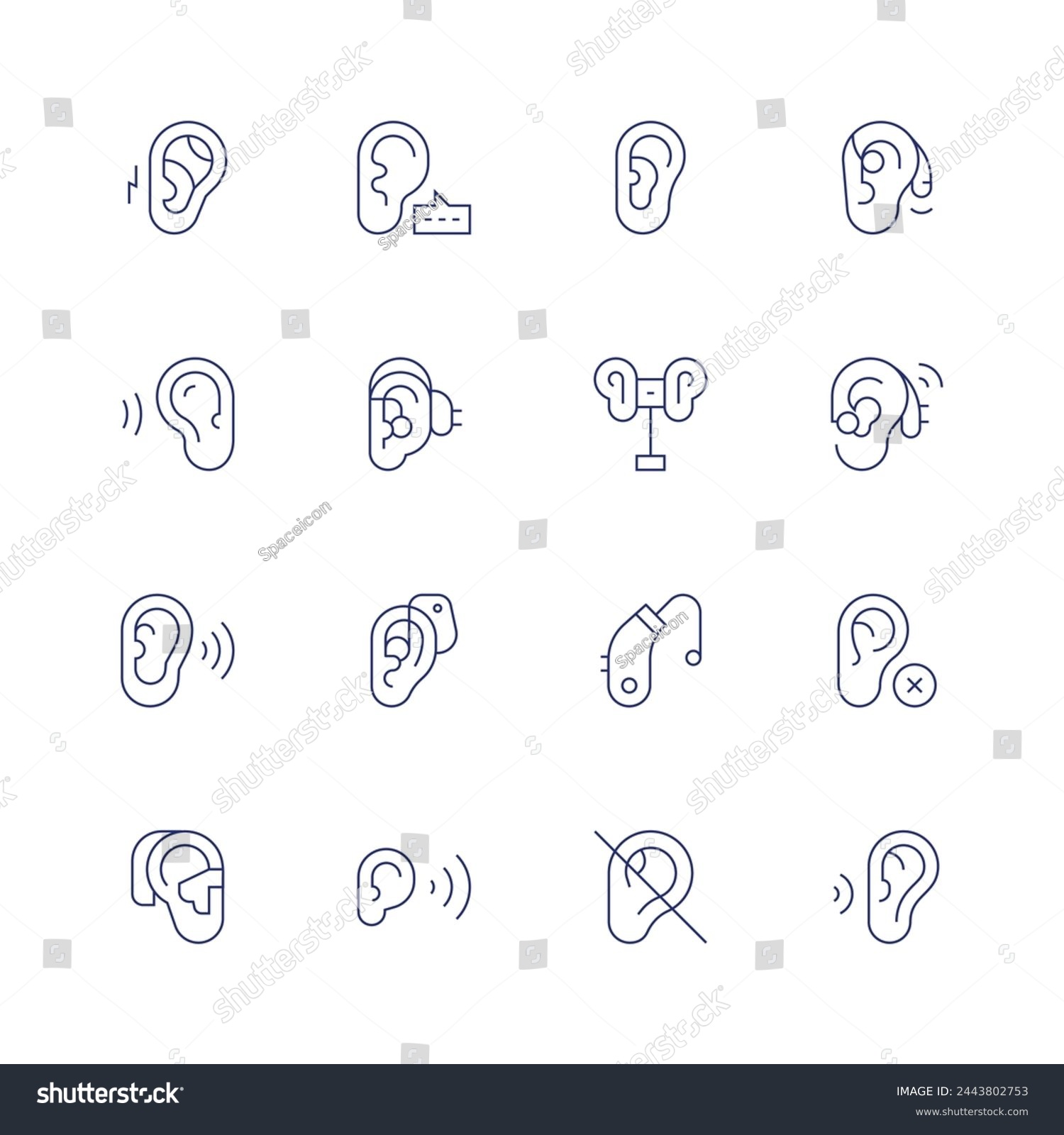 SVG of Hearing icon set. Thin line icon. Editable stroke. Containing auditory, listening, ear, hear, hearingaid, binaural, listen, hearing, deafness, sonotone. svg