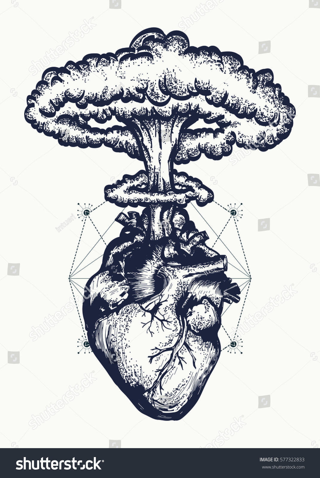 Heart Nuclear Explosion Tattoo Art Symbol Stock Vector Royalty Free