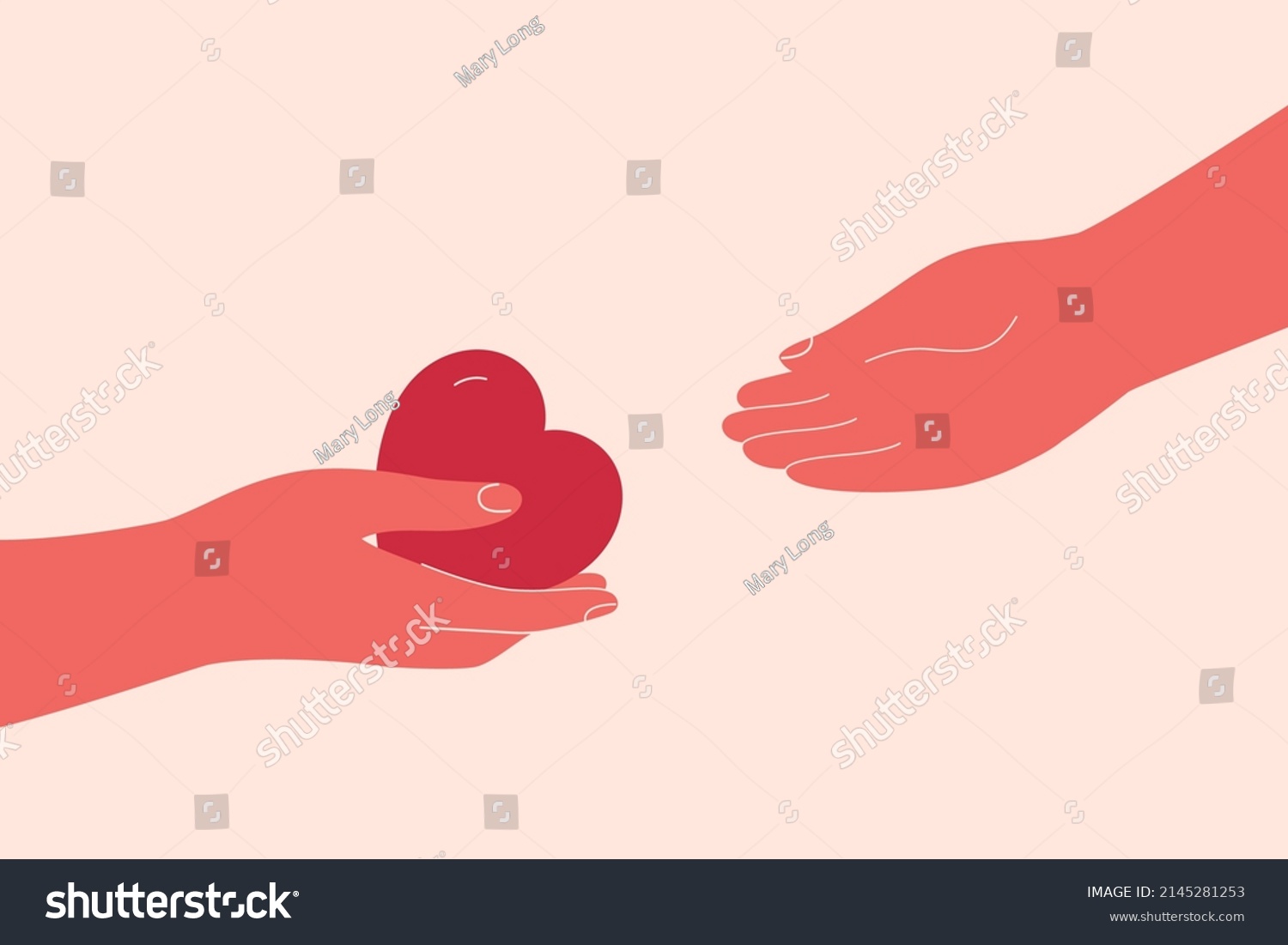 SVG of Heart is passing from hand to hand. Volunteer or friend shares empathy and support for needy person. Concept of social aid, psychological help, donation and charitable. Vector illustration. svg
