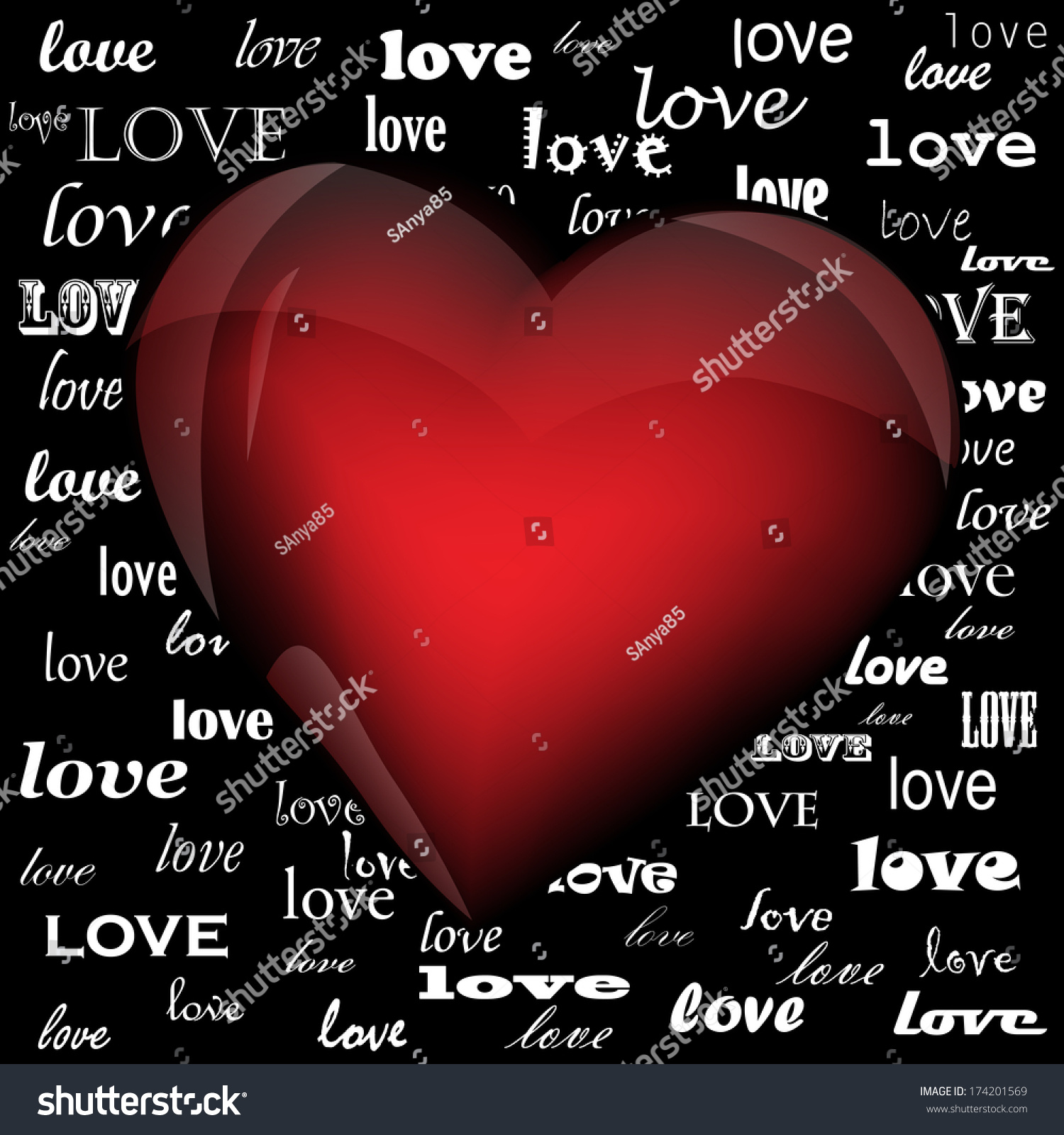 Heart On The Background Of The Word Love Written In Different Fonts ...