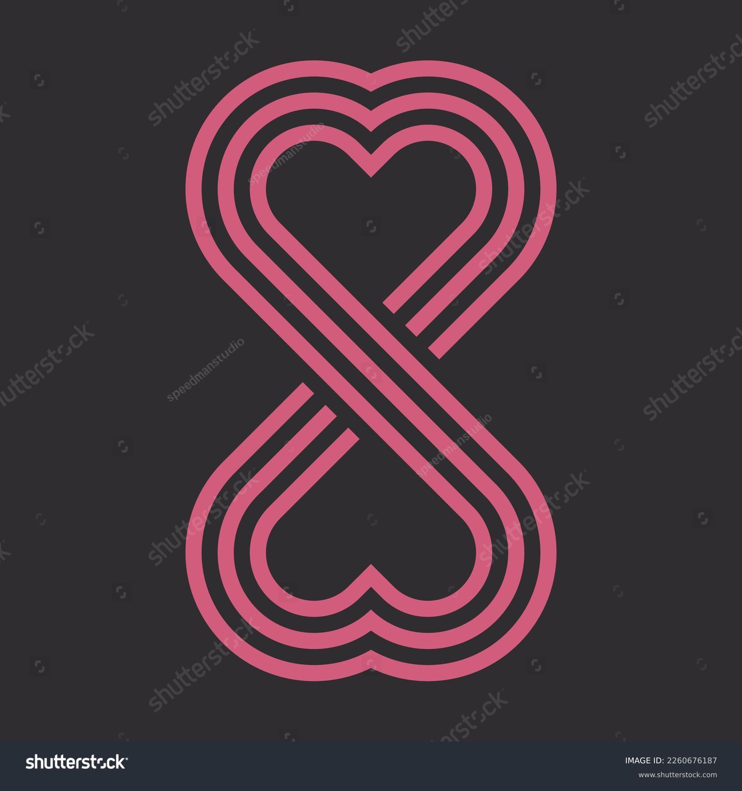 SVG of Heart shape symmetrical infinity pattern. 3 red stripes, black background. Double heart design, logo, symbol, icon. Vector illustration. svg