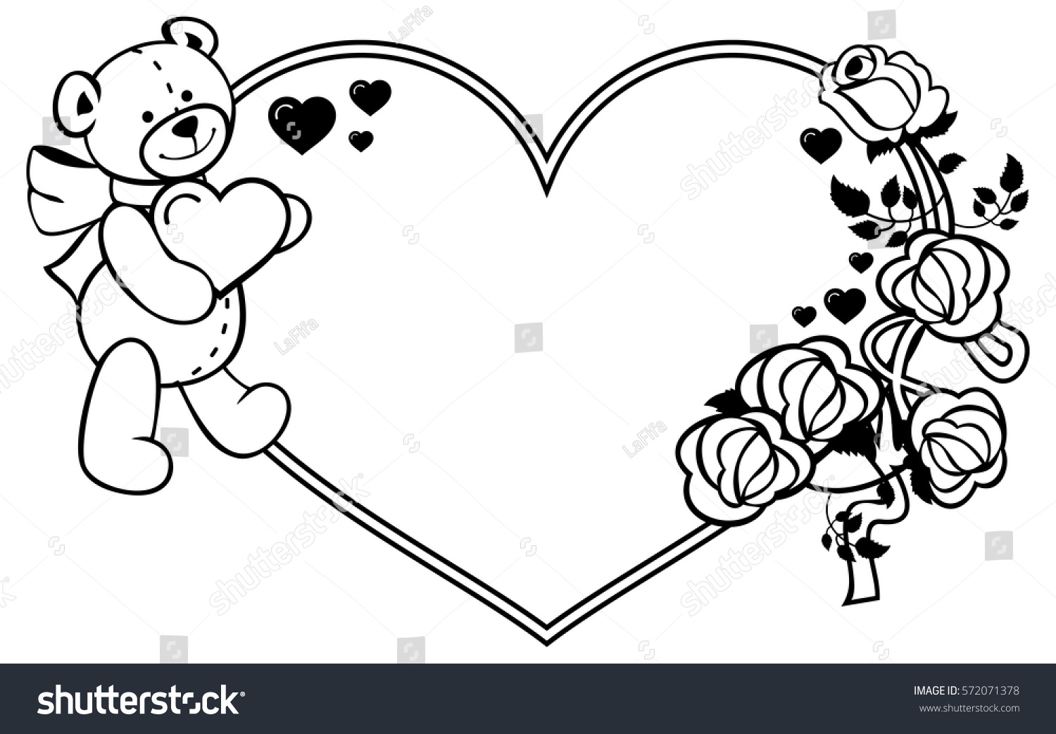 Heart shaped frame with outline roses teddy bear holding heart Valentine Day background