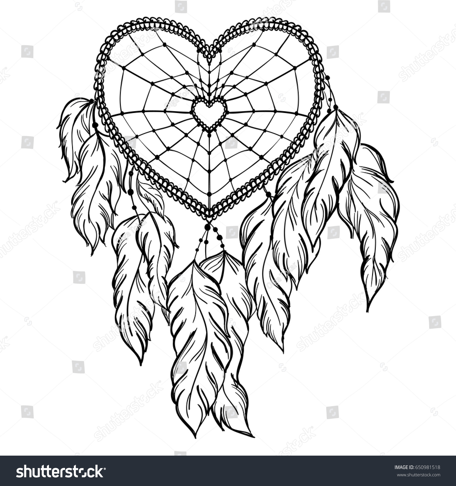Heart shaped hand drawn dream catcher with feathers. Ethnic ...