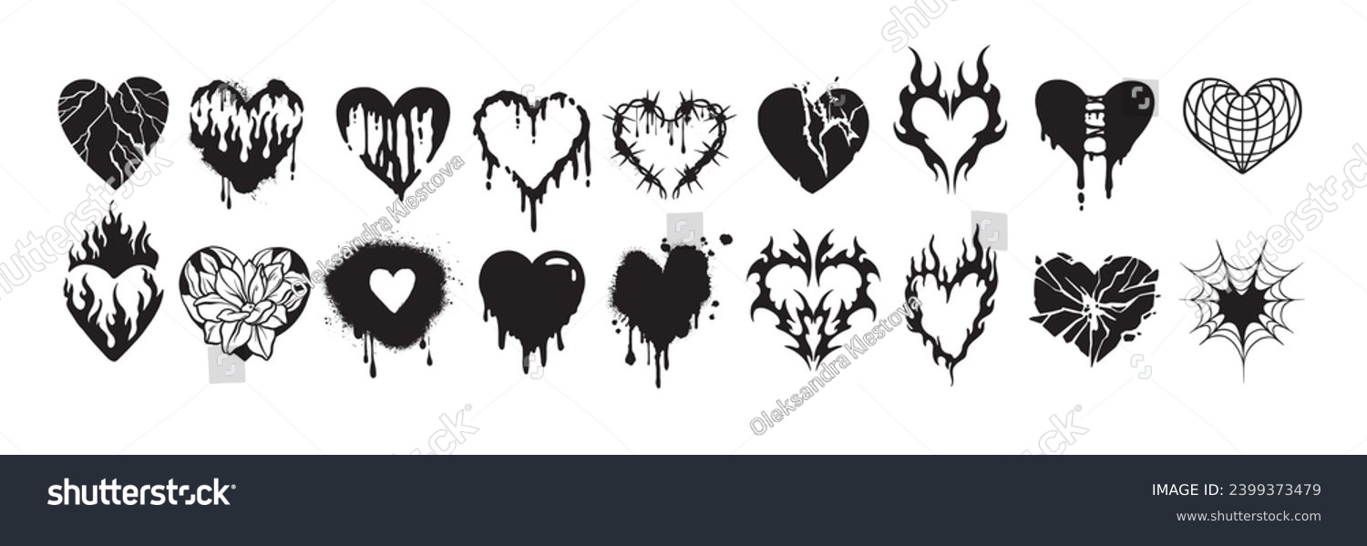 SVG of Heart tattoo gothic set, graffiti rock flame shape kit, vector u2k abstract love logo concept. Valentine punk retro sticker collection, neotribal web goth decoration. Dripping heart tattoo prints svg