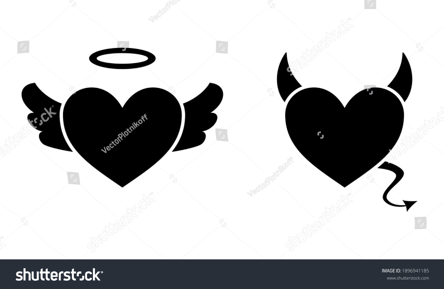SVG of Heart with devil horns and a tail and heart with angel wings and halo isolated on white background, Devil love. Valentine Day concept, Vector illustration svg