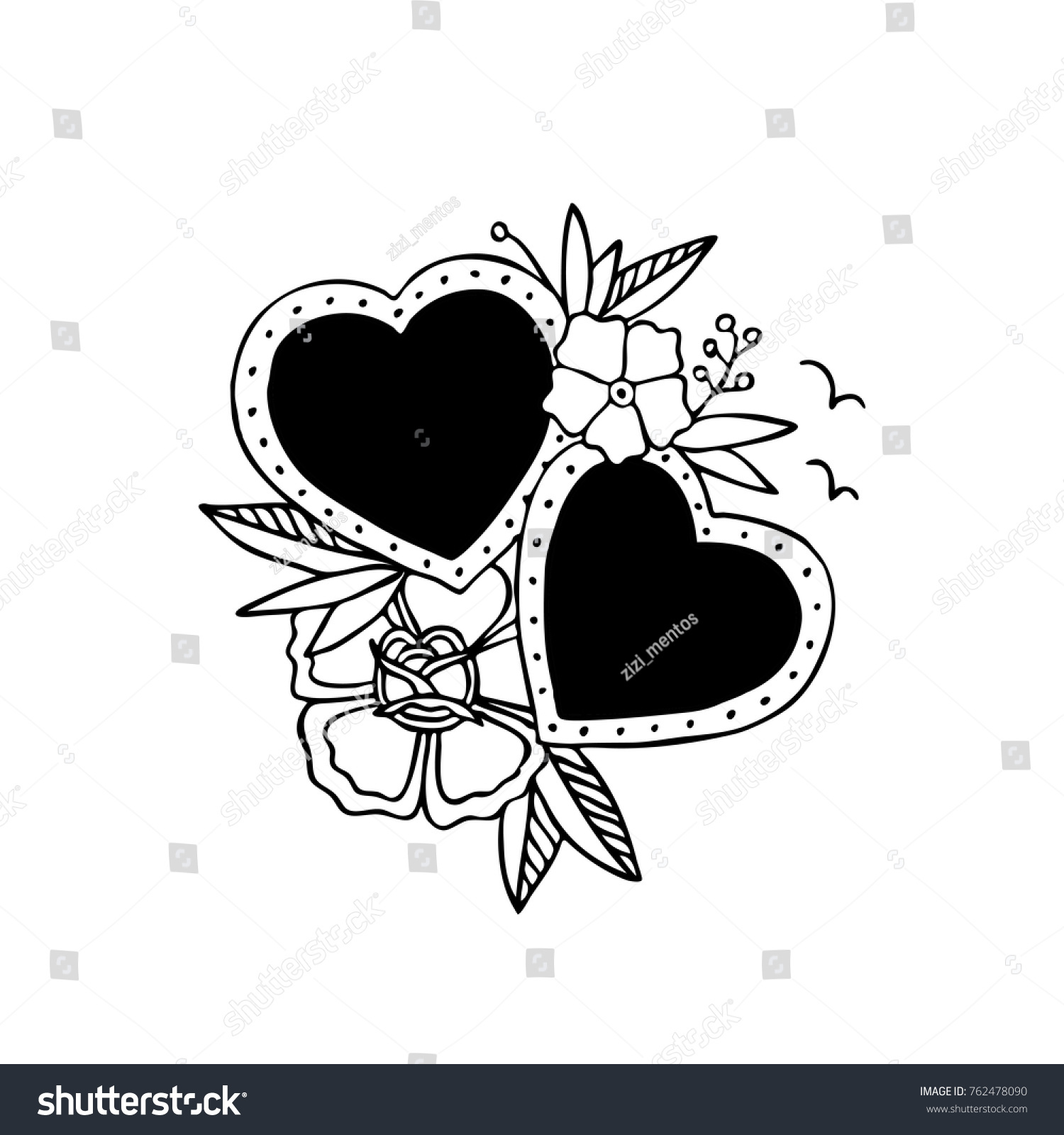 Hearts Flowers Traditional Tattoo Flash Stock Vector Royalty Free 762478090