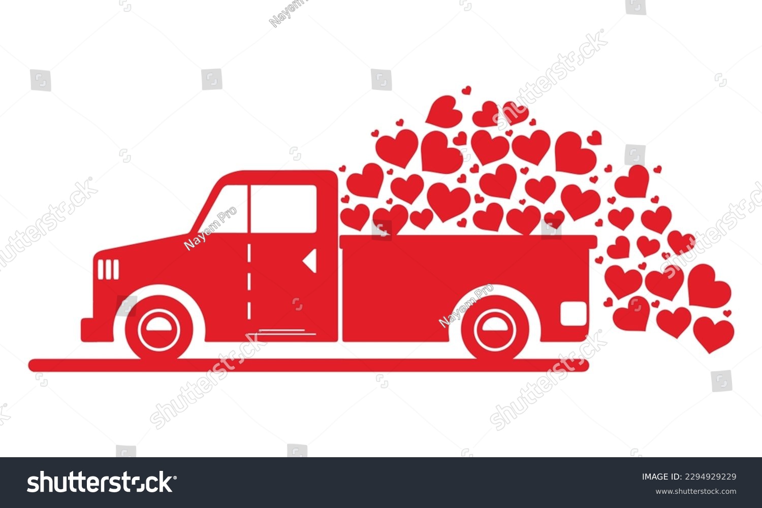 SVG of Hearts Loaded Pickup Truck Vector Art Sticker Svg Design Valentine pink truck , letters, gift box. Watercolor Valentine's Day car, heart balloons, love wedding car graphics.  svg
