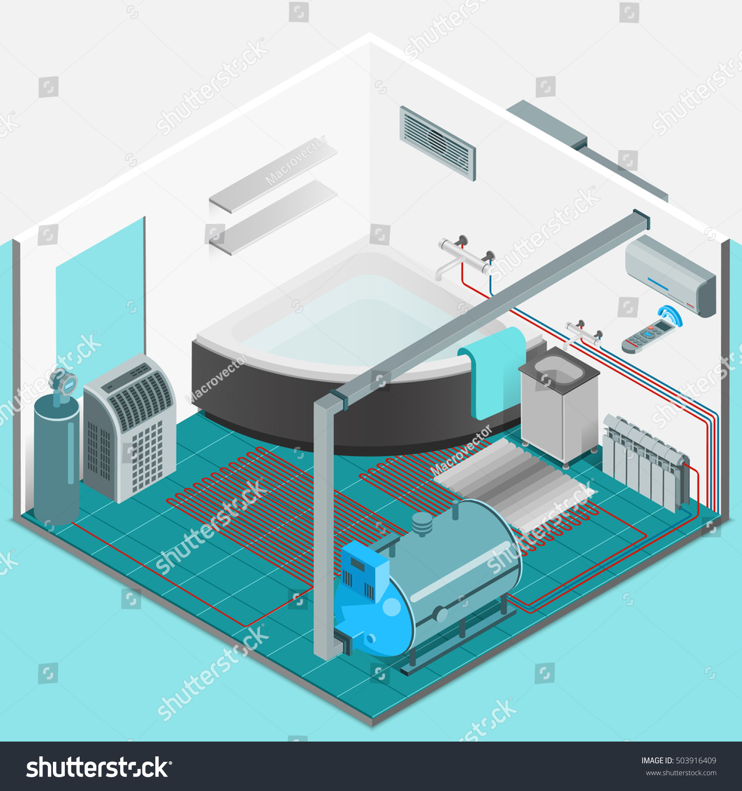 Heating Cooling System Interior Isometric Template Stock Vector