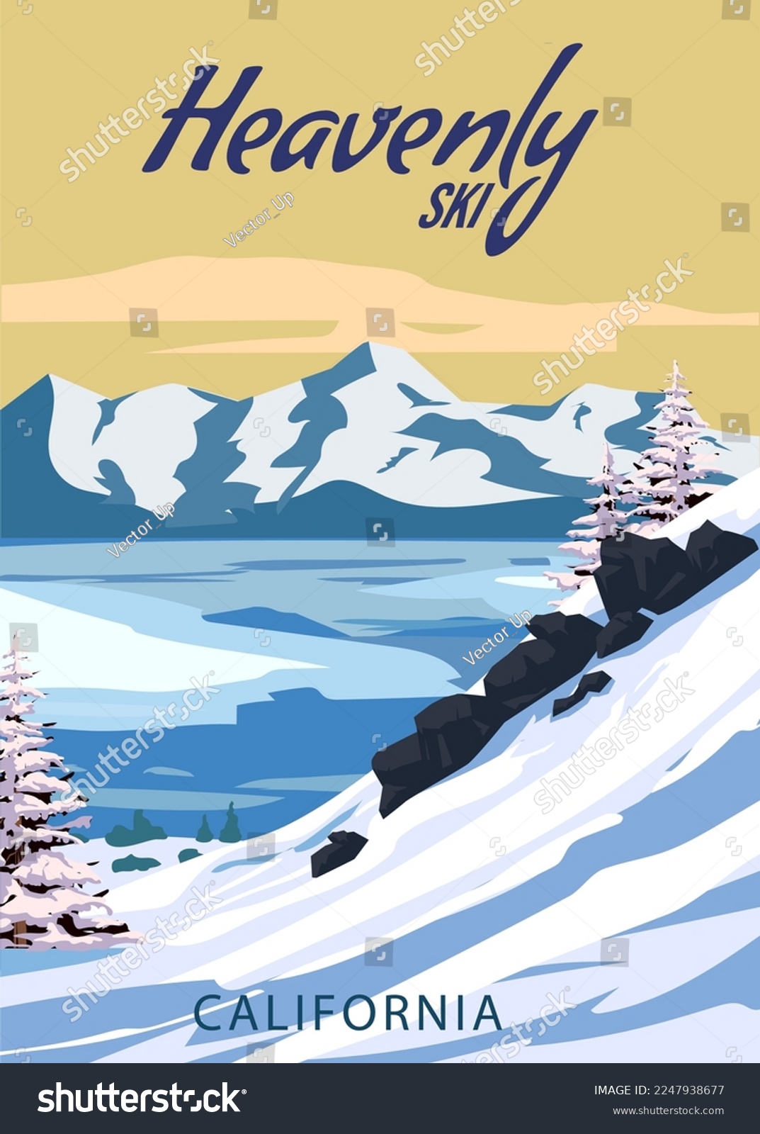 SVG of Heavenly Ski Travel resort poster vintage. California USA winter landscape travel card svg