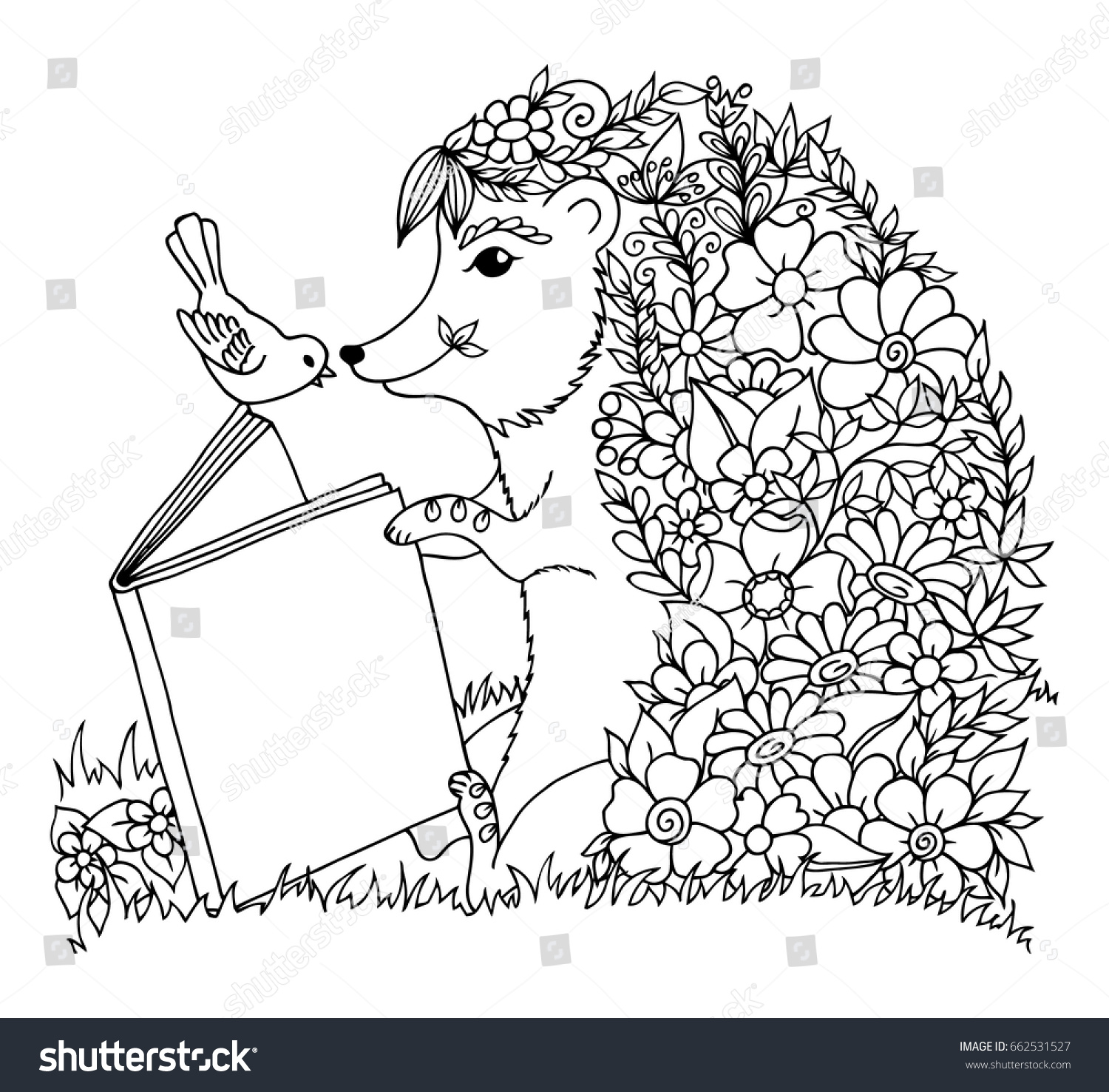 Hedgehog is reading a book to a bird Vector illustration of zentangl Coloring page