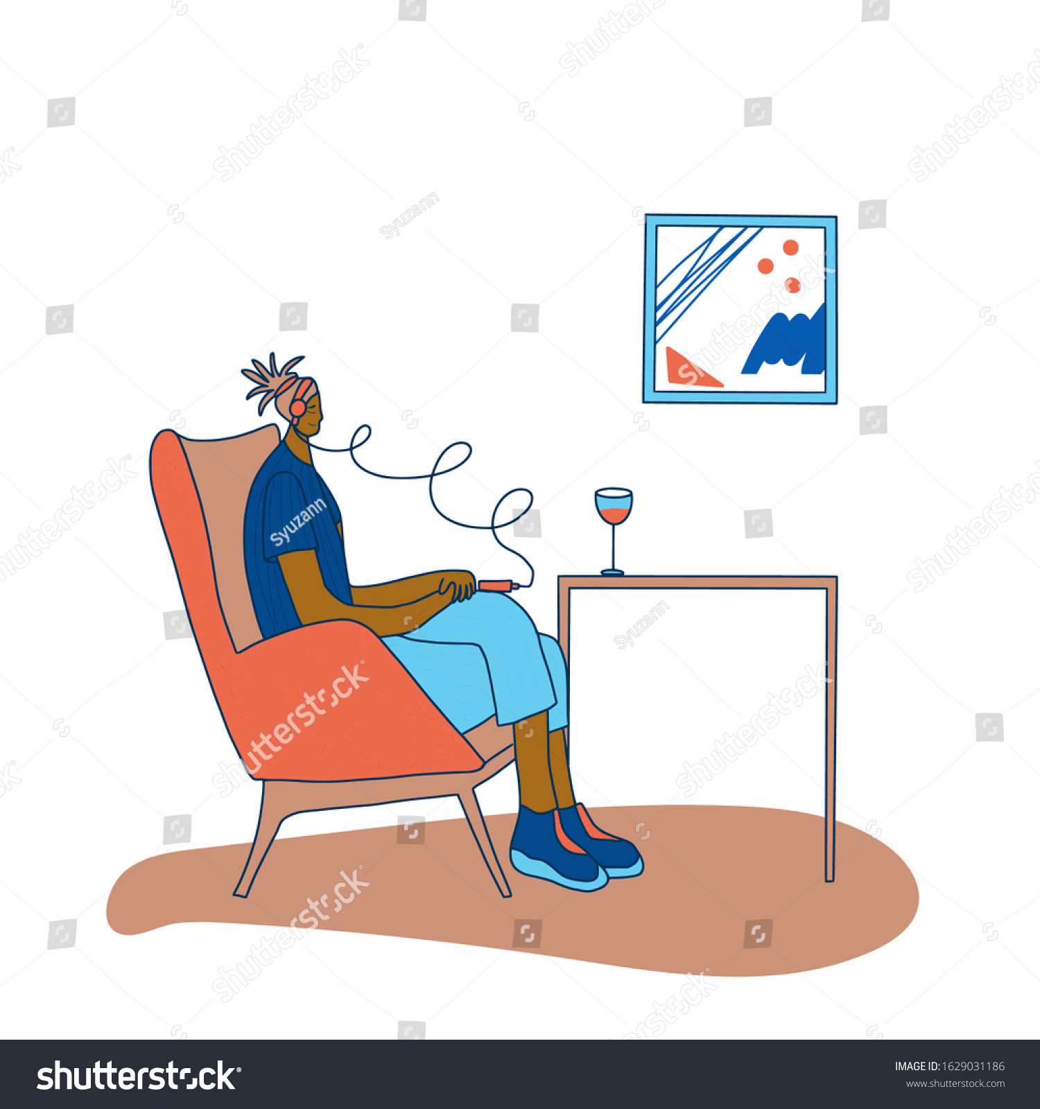 SVG of Hedonism. Young woman enjoing music and wine. Female person in headphones sitting in comfy chair and listening a song. Pretty girl  wearing in casual clothes spending time alone. Vector illustration.  svg