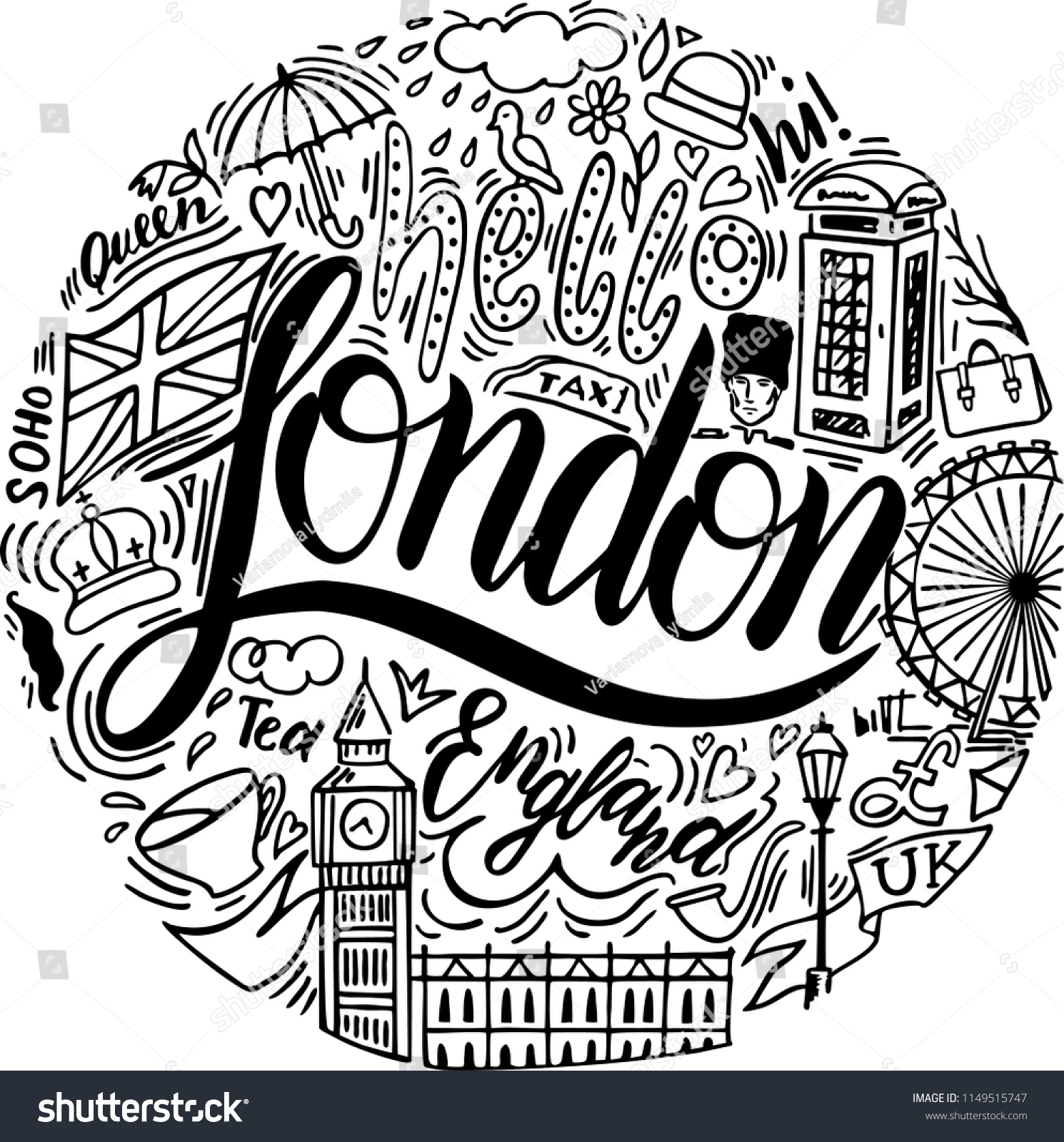 Hello London Lettering London Doodle Set Stock Vector Royalty Free